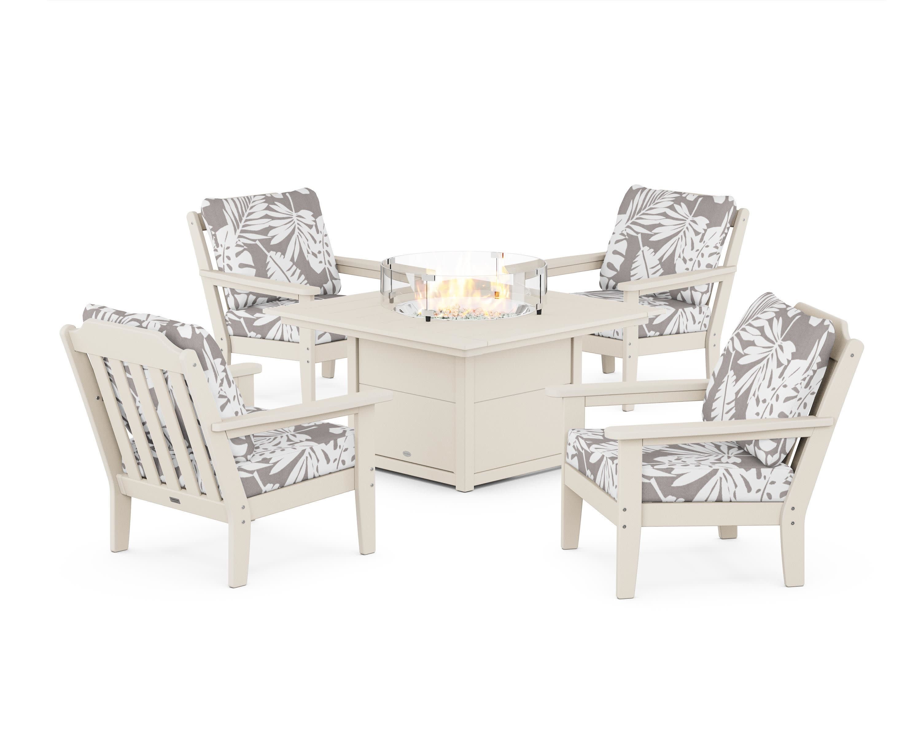 Cottage 5-Piece Deep Seating Set with Fire Pit Table in Sand / Leaf Grey Mist