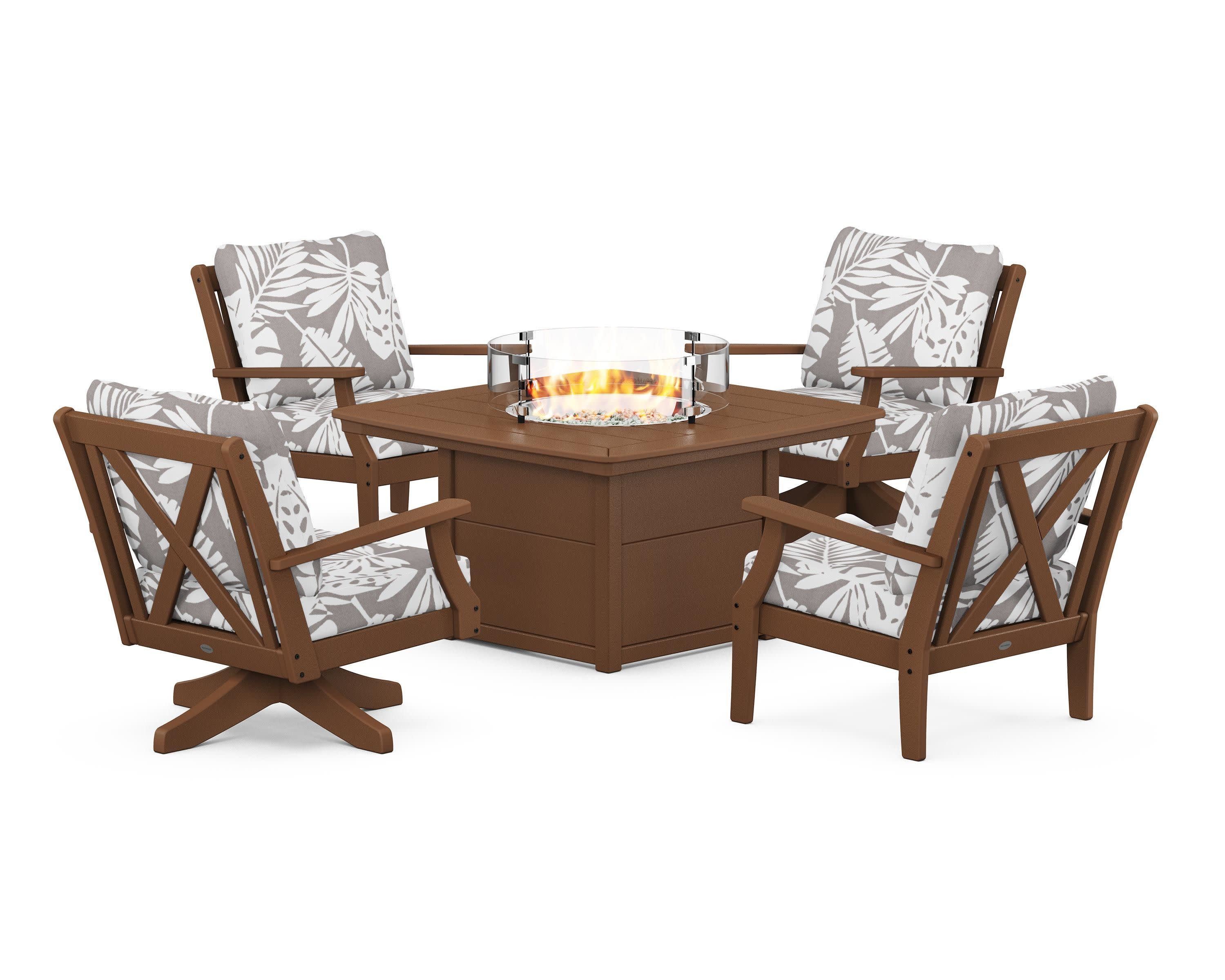 Braxton 5-Piece Deep Seating Set with Fire Table in Teak / Leaf Grey Mist