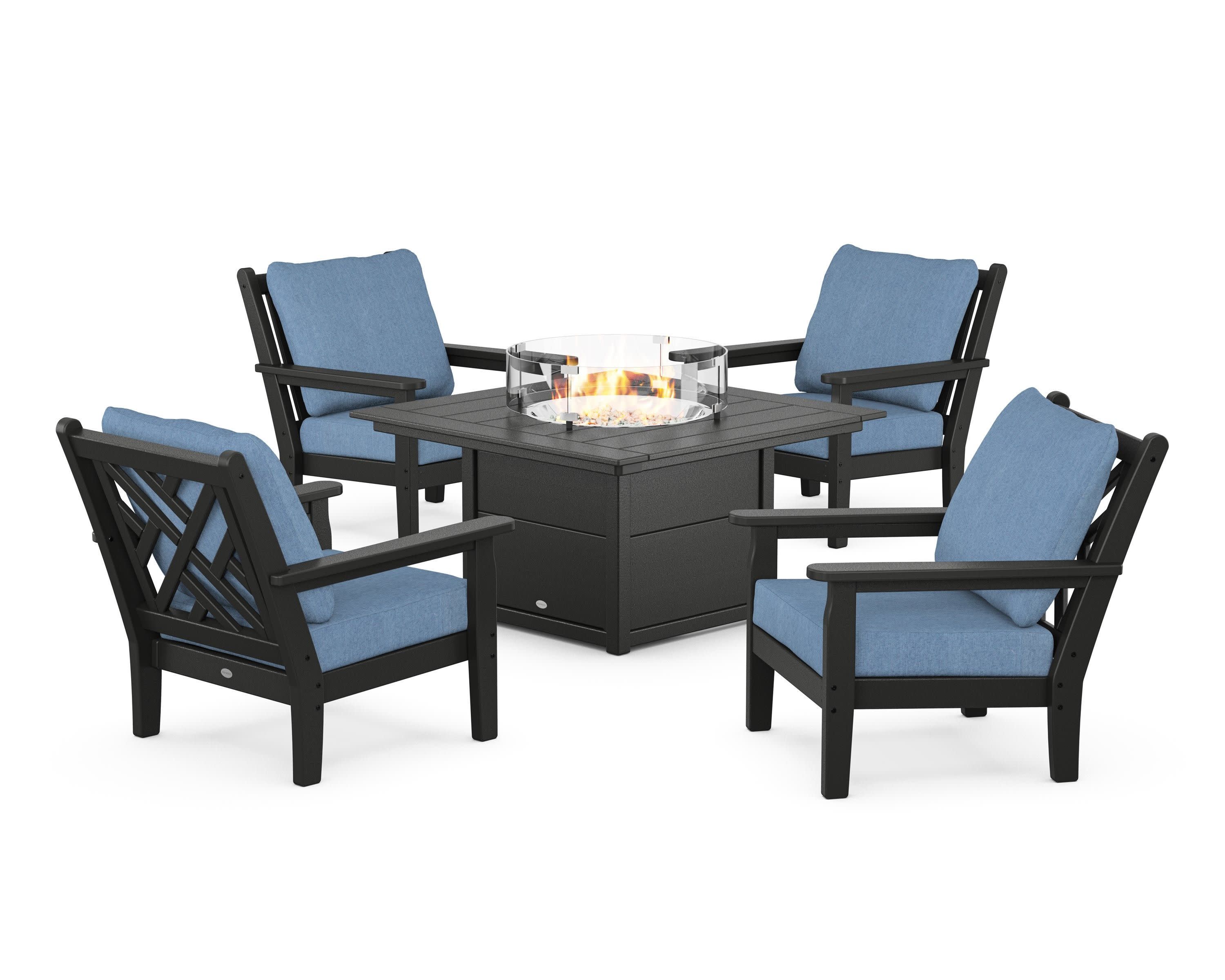Chippendale 5-Piece Deep Seating Set with Fire Pit Table in Black / Sky Blue