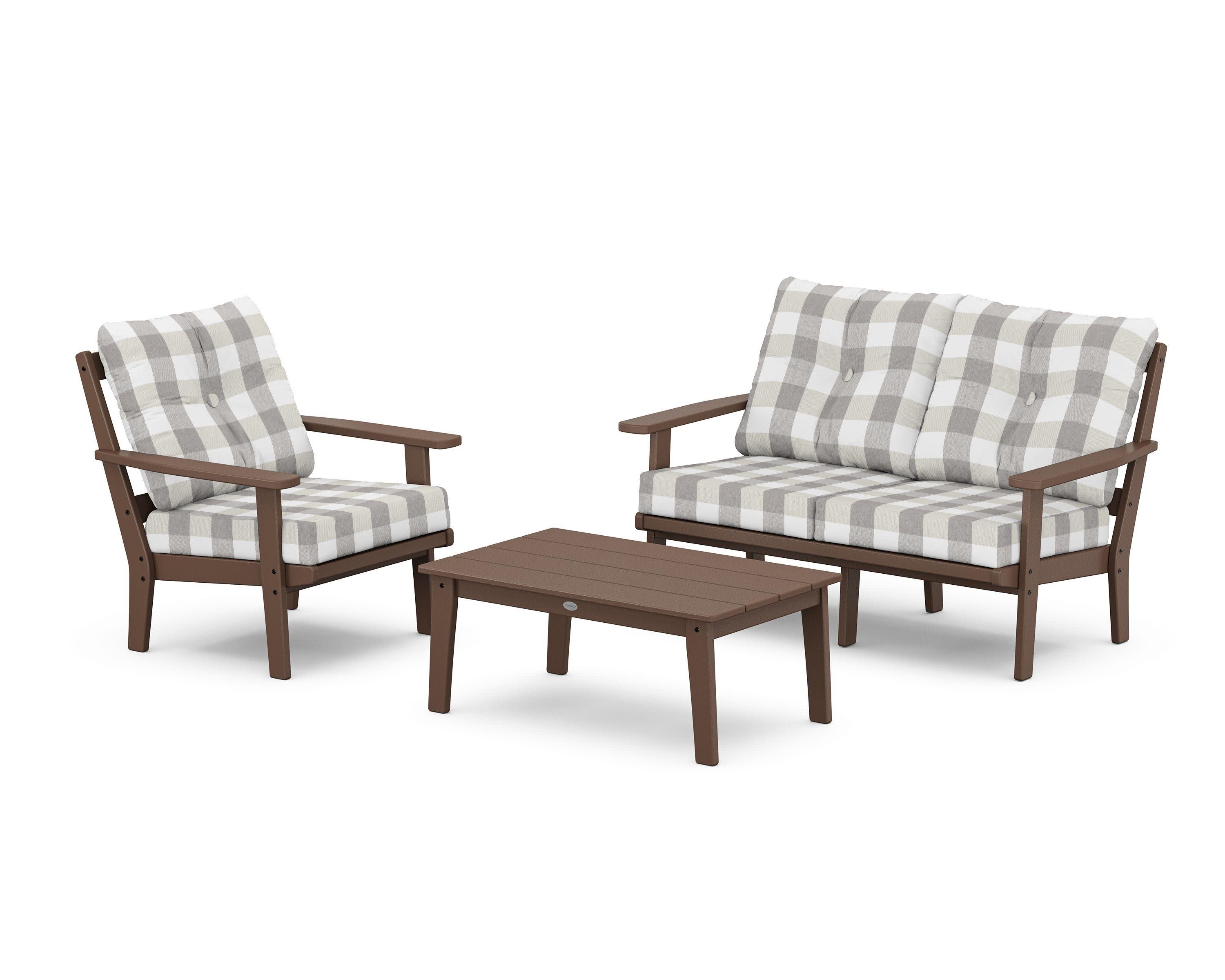 Oxford 3-Piece Deep Seating Set with Loveseat in Mahogany / Buffalo Plaid Grey Mist