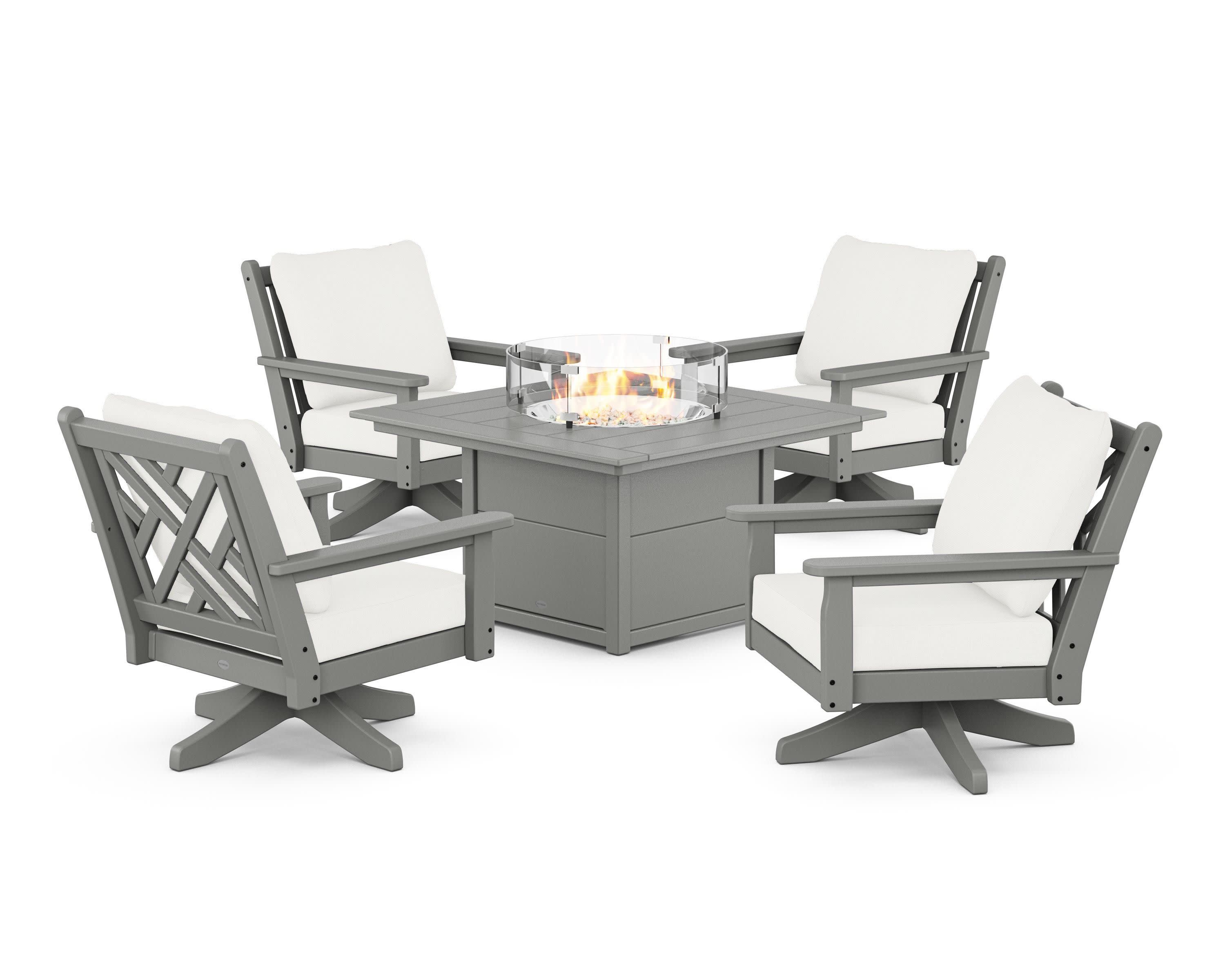 Chippendale 5-Piece Deep Seating Swivel Conversation Set with Fire Pit Table in Slate Grey / Natural Linen