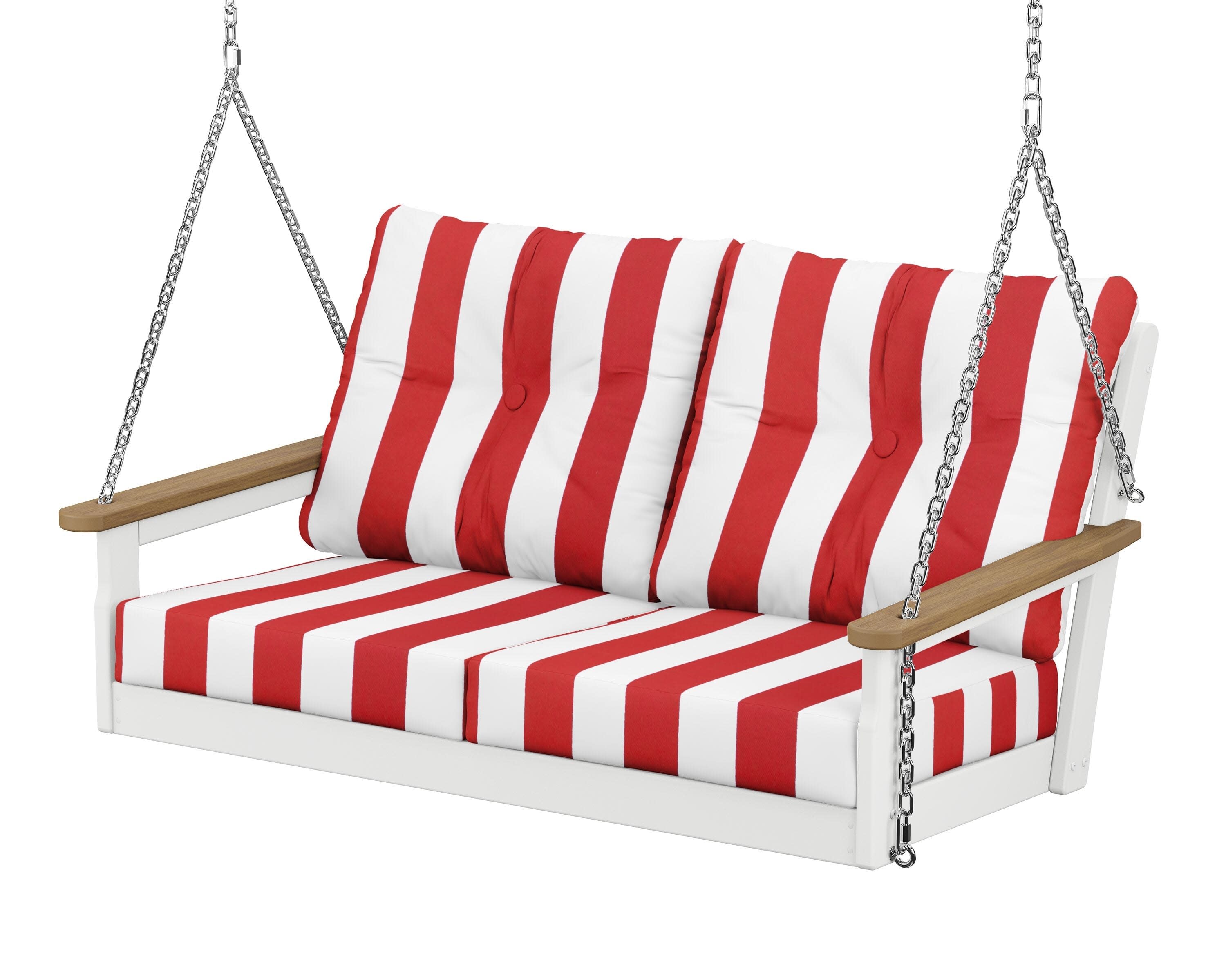 Vineyard Deep Seating Swing in White / Natural / Cabana Stripe Crimson