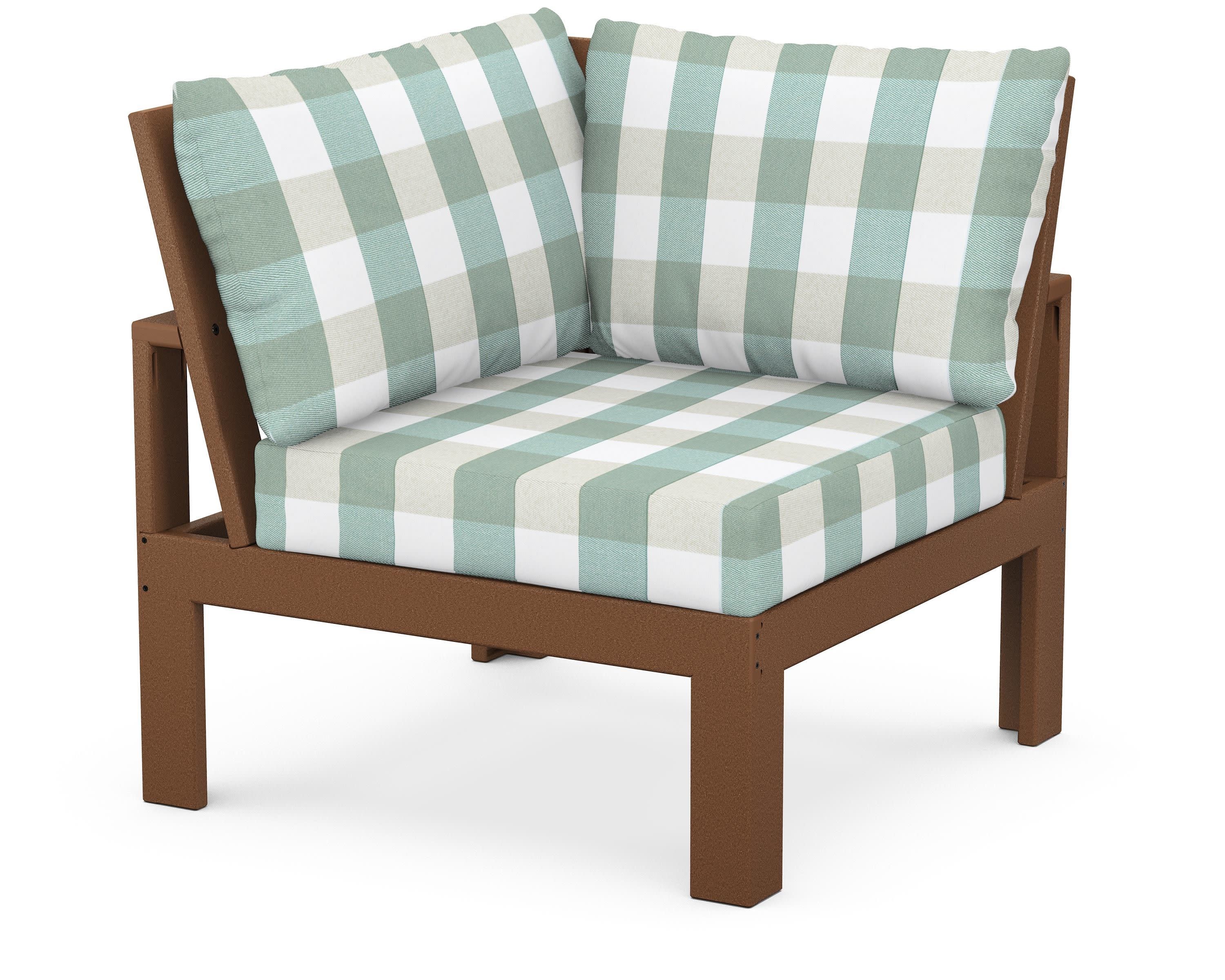 Modular Corner Chair in Teak / Buffalo Plaid Glacier Spa