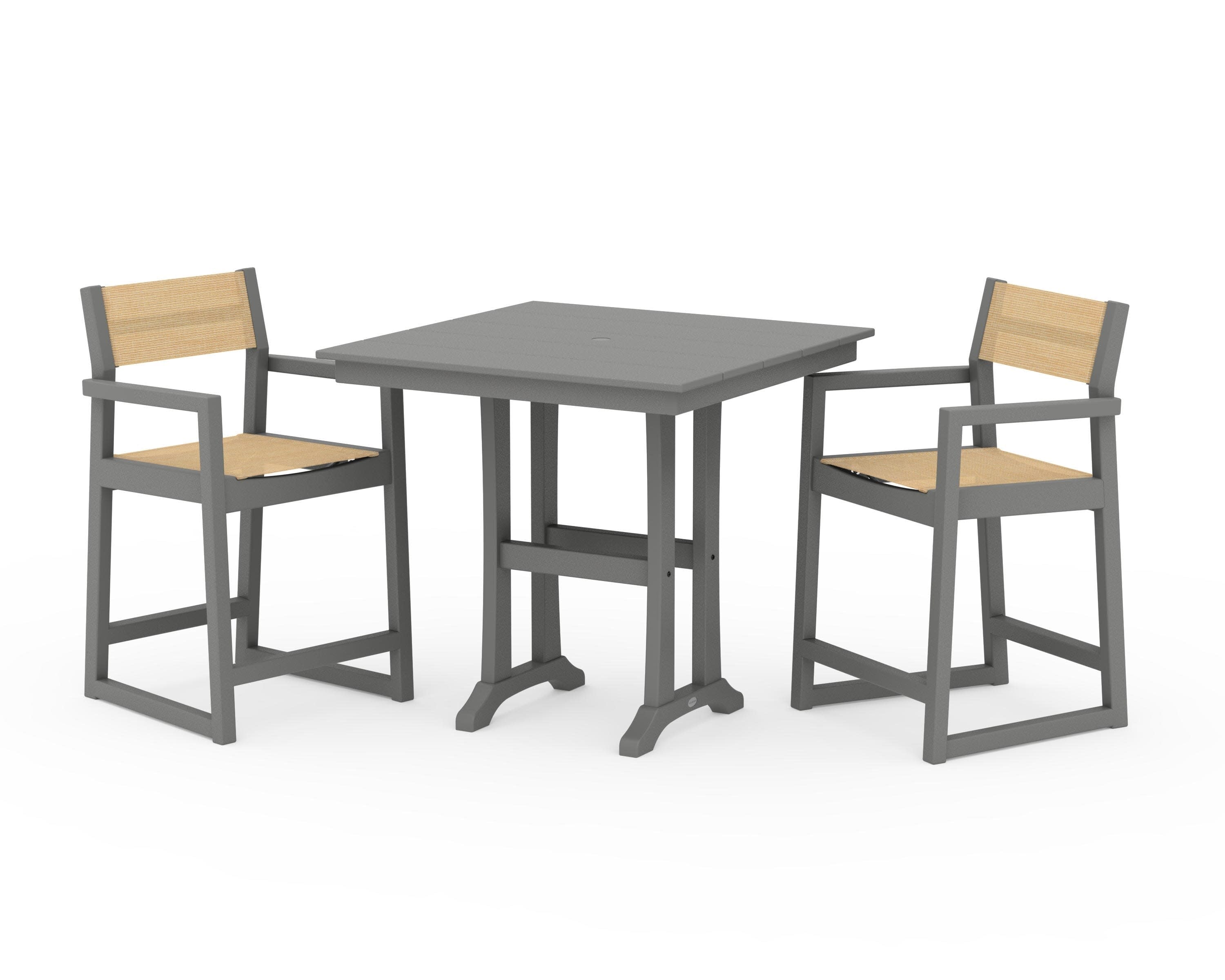 EDGE Sling Arm Chair 3-Piece Farmhouse Counter Set with Trestle Legs in Slate Grey / Dupioni Apricot Sling