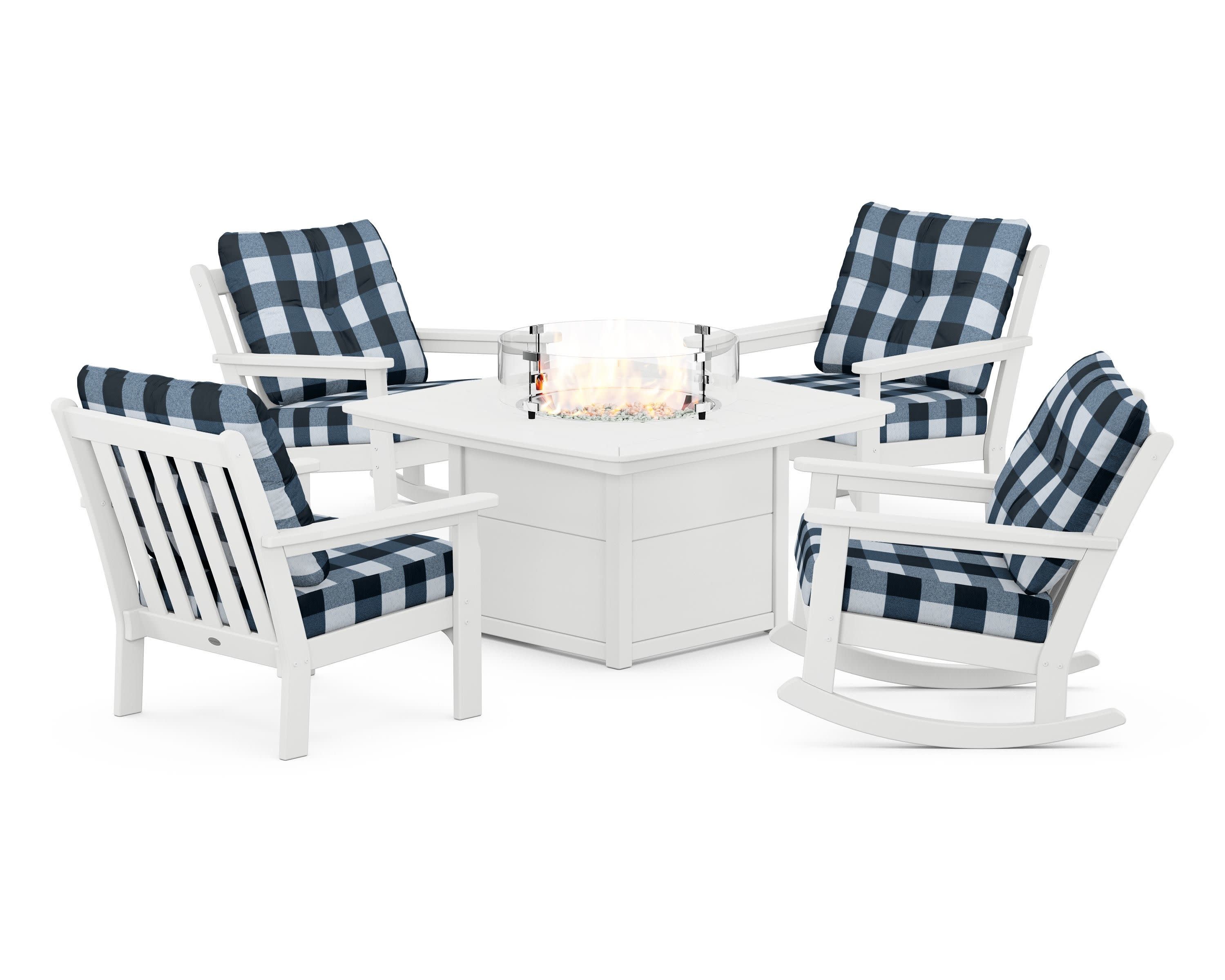 Vineyard 5-Piece Deep Seating Rocking Chair Conversation Set with Fire Pit Table in White / Buffalo Plaid Marine Indigo