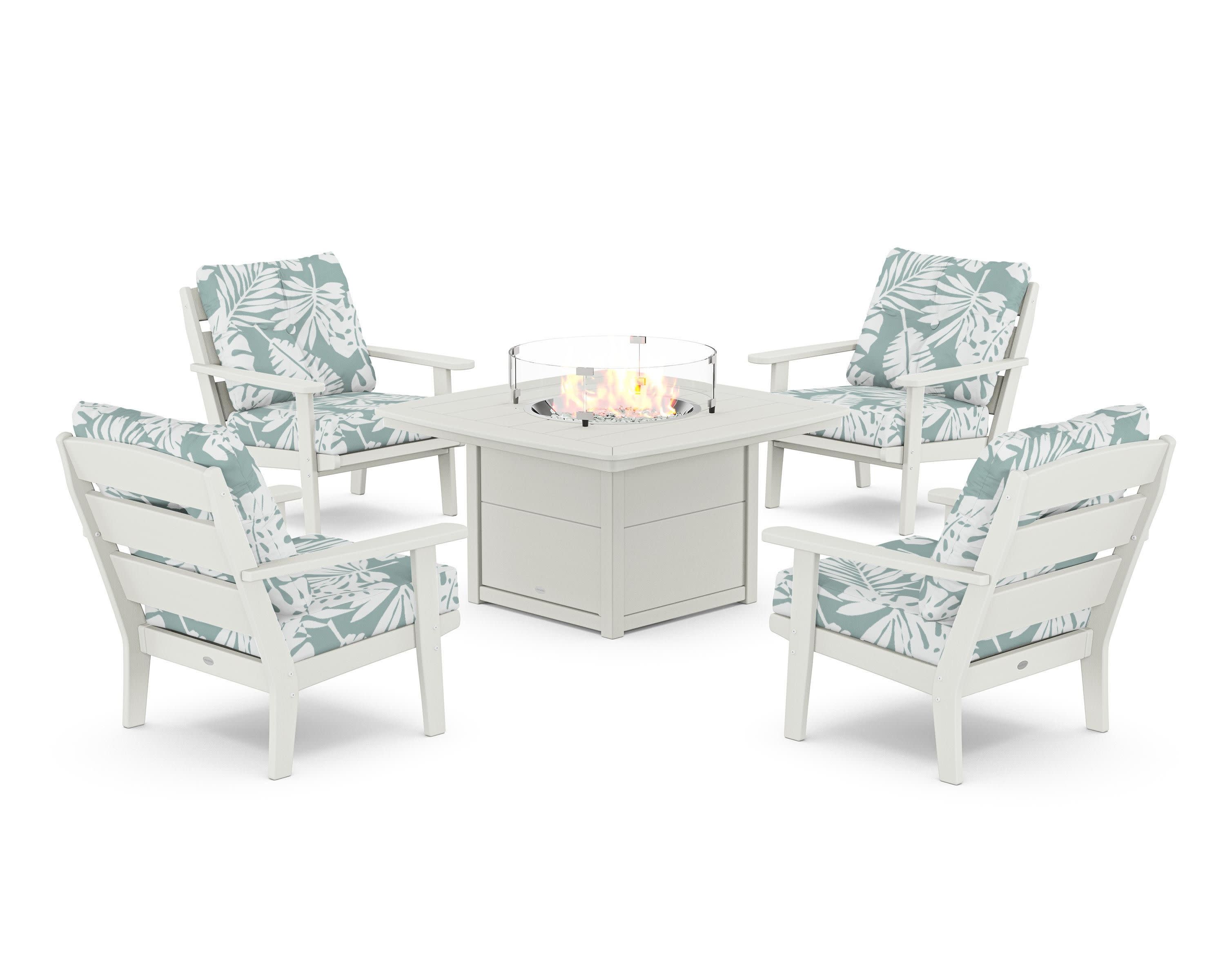 Lakeside 5-Piece Deep Seating Set with Nautical Fire Pit Table in Vintage White / Leaf Glacier Spa