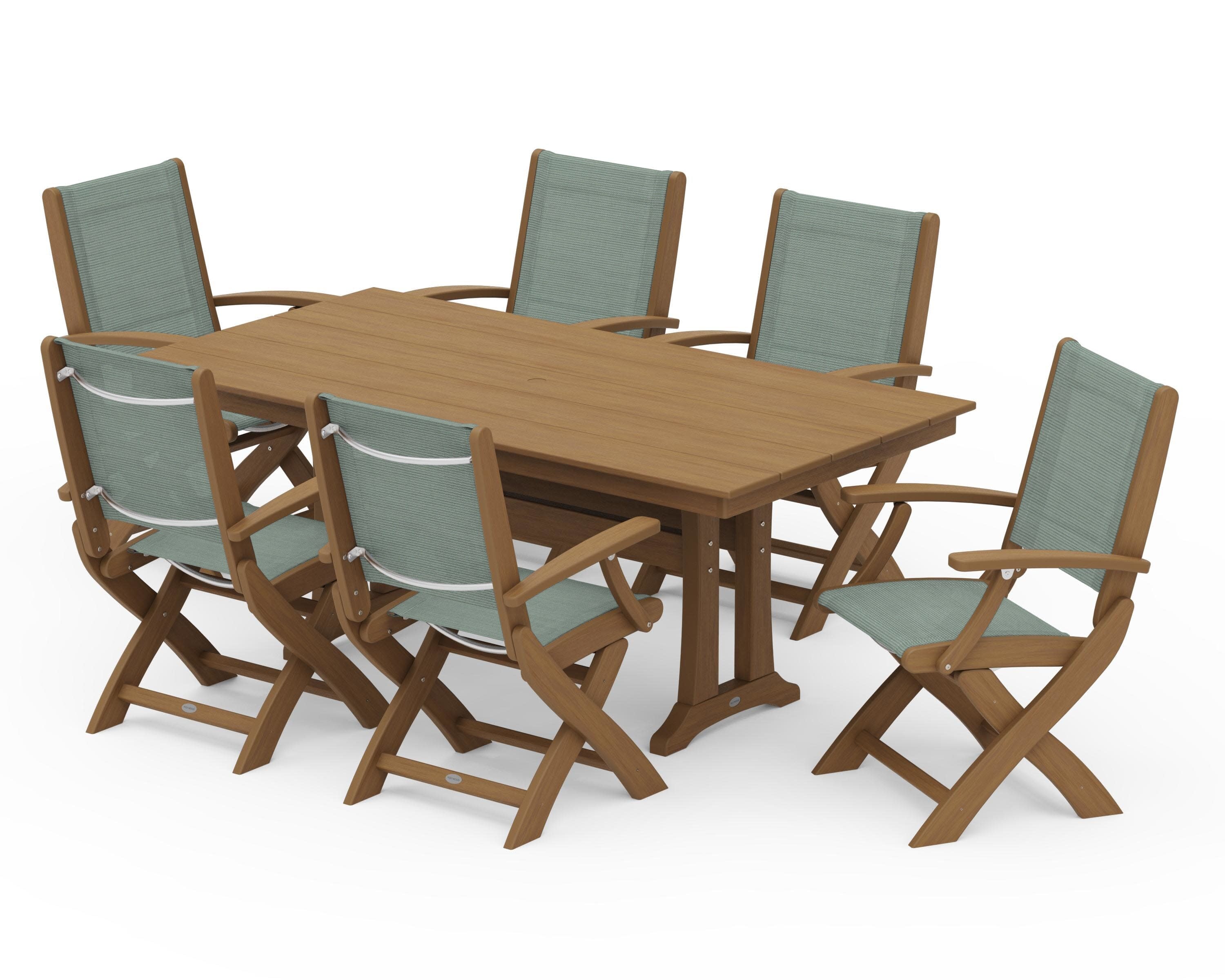 Coastal Folding Arm Chair 7-Piece Farmhouse Dining Set with Trestle Legs in Natural / Dupioni Sea Mist Sling