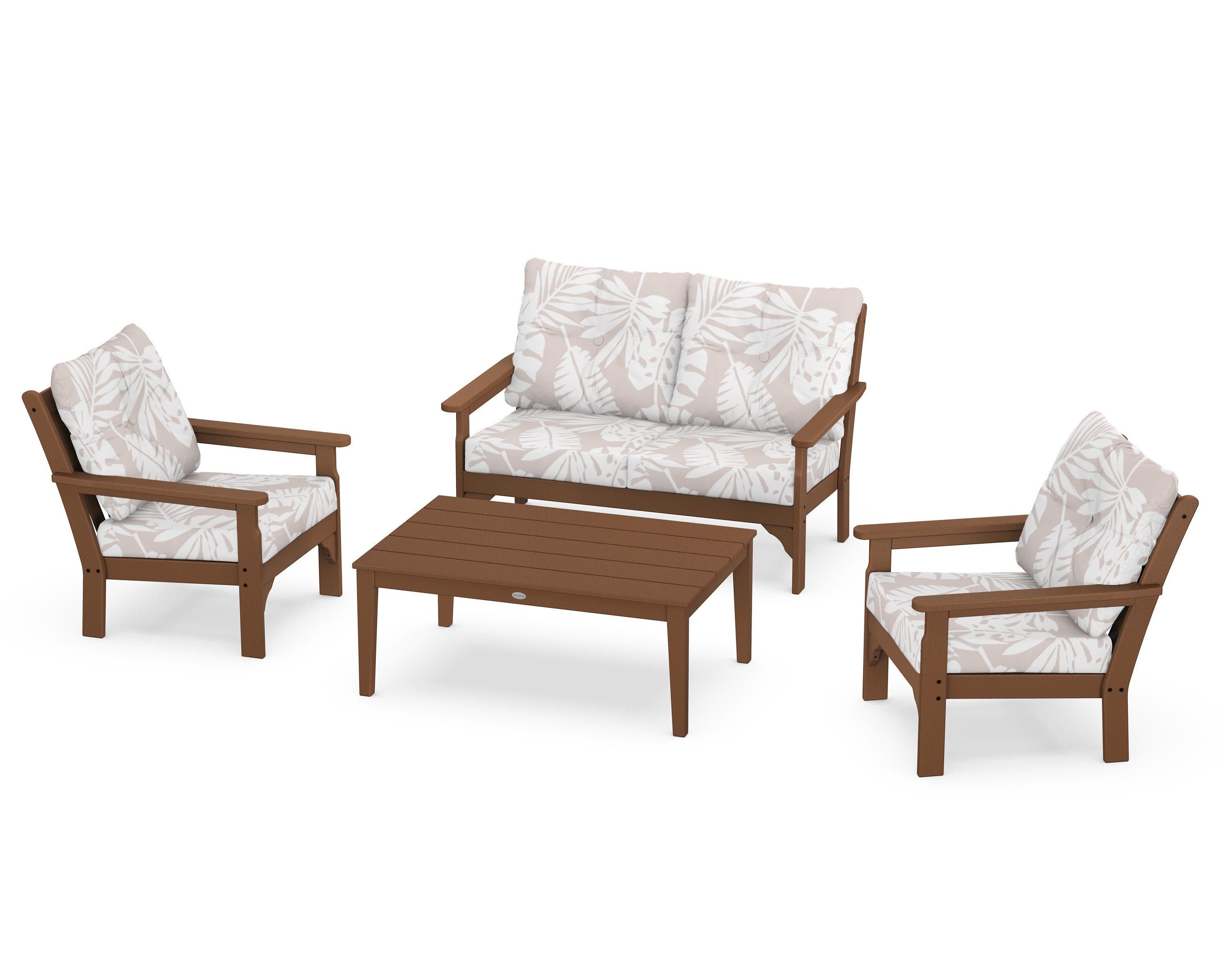 Vineyard 4-Piece Deep Seating Set in Teak / Leaf Dune Burlap