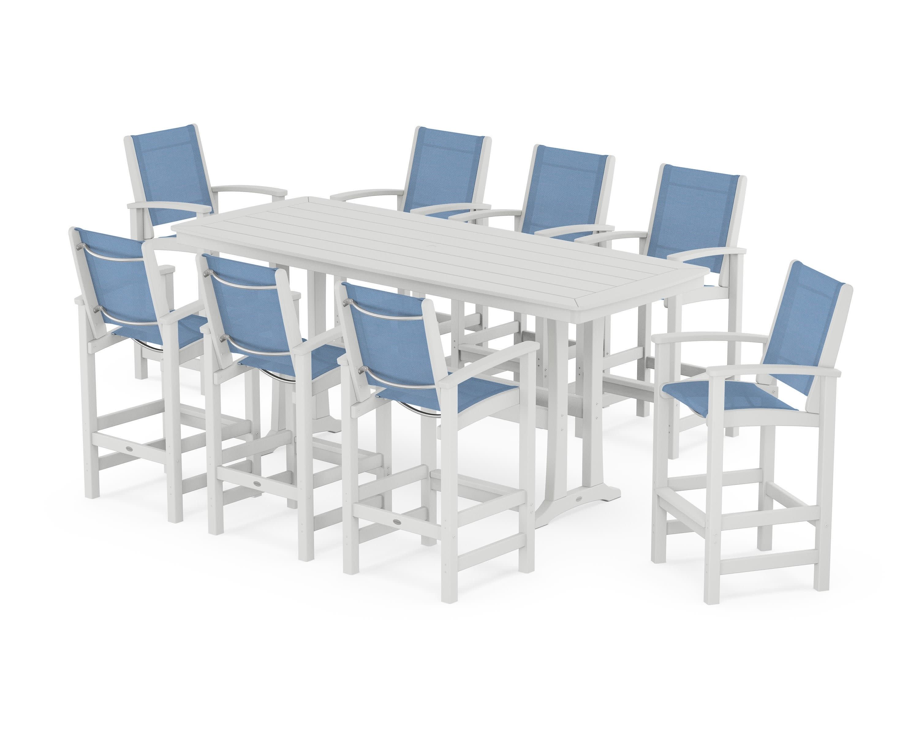Coastal 9-Piece Bar Set with Trestle Legs in White / Poolside Sling