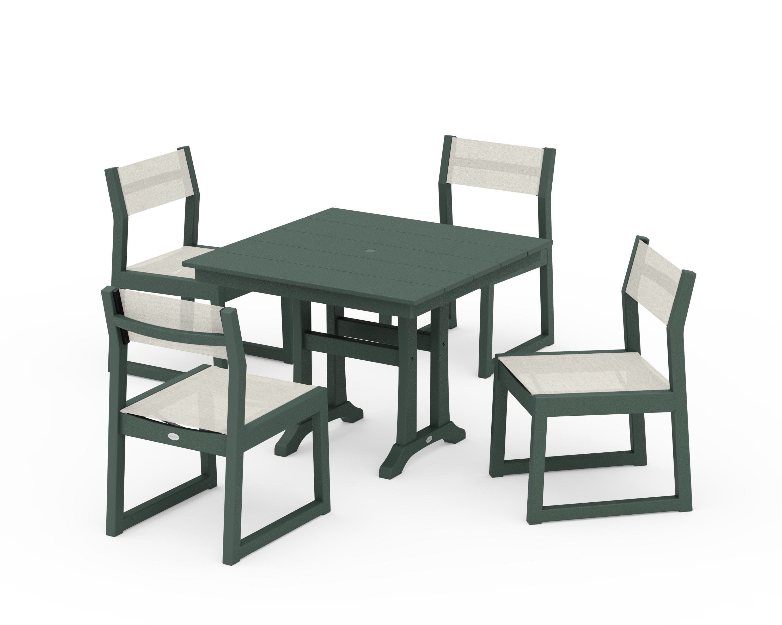 EDGE Sling 5-Piece Farmhouse Trestle Side Chair Dining Set in Green / Parchment Sling