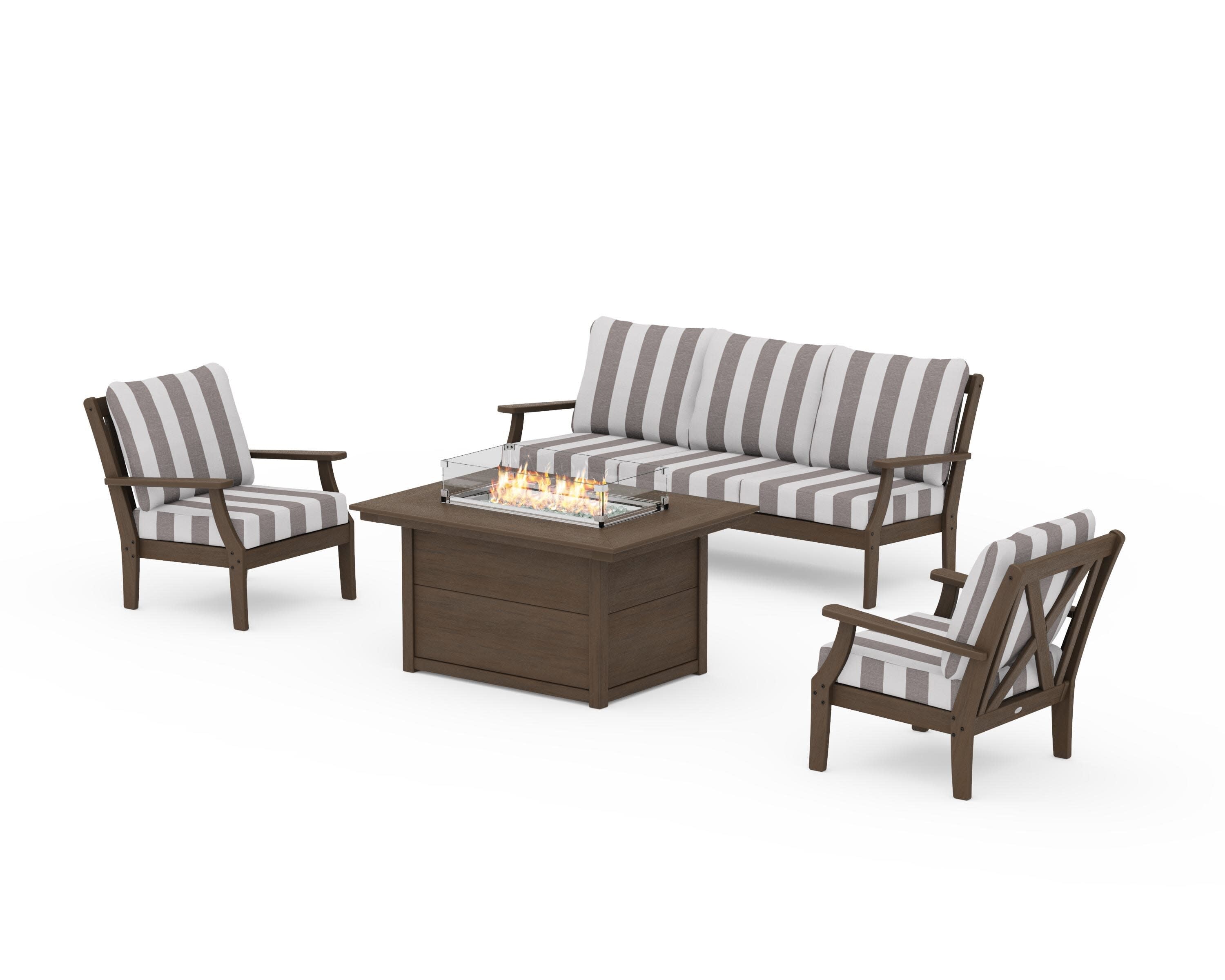 Braxton Deep Seating Fire Pit Table Set in Kona / Cabana Stripe Grey Mist