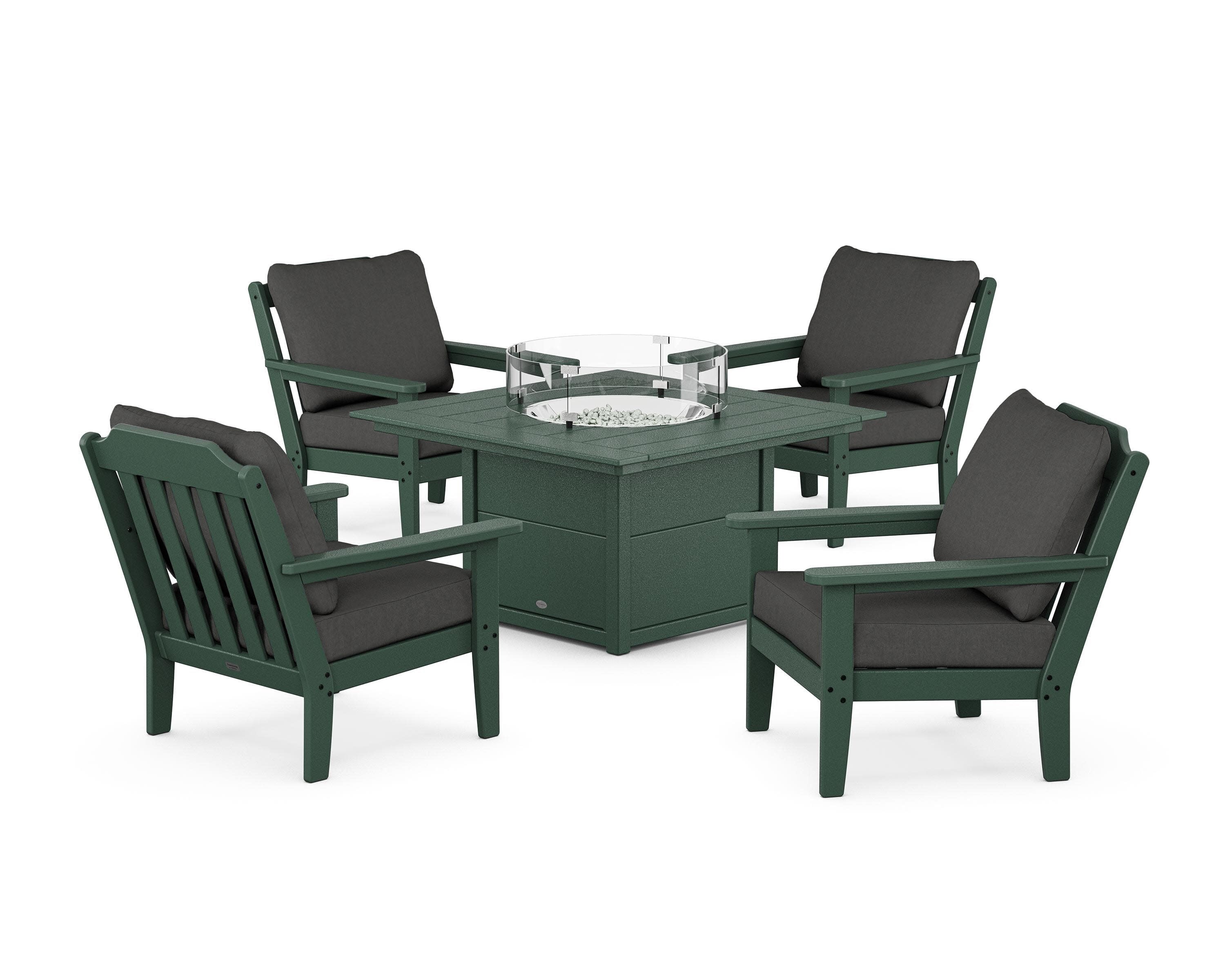 Cottage 5-Piece Deep Seating Set with Fire Pit Table in Green / Spectrum Carbon