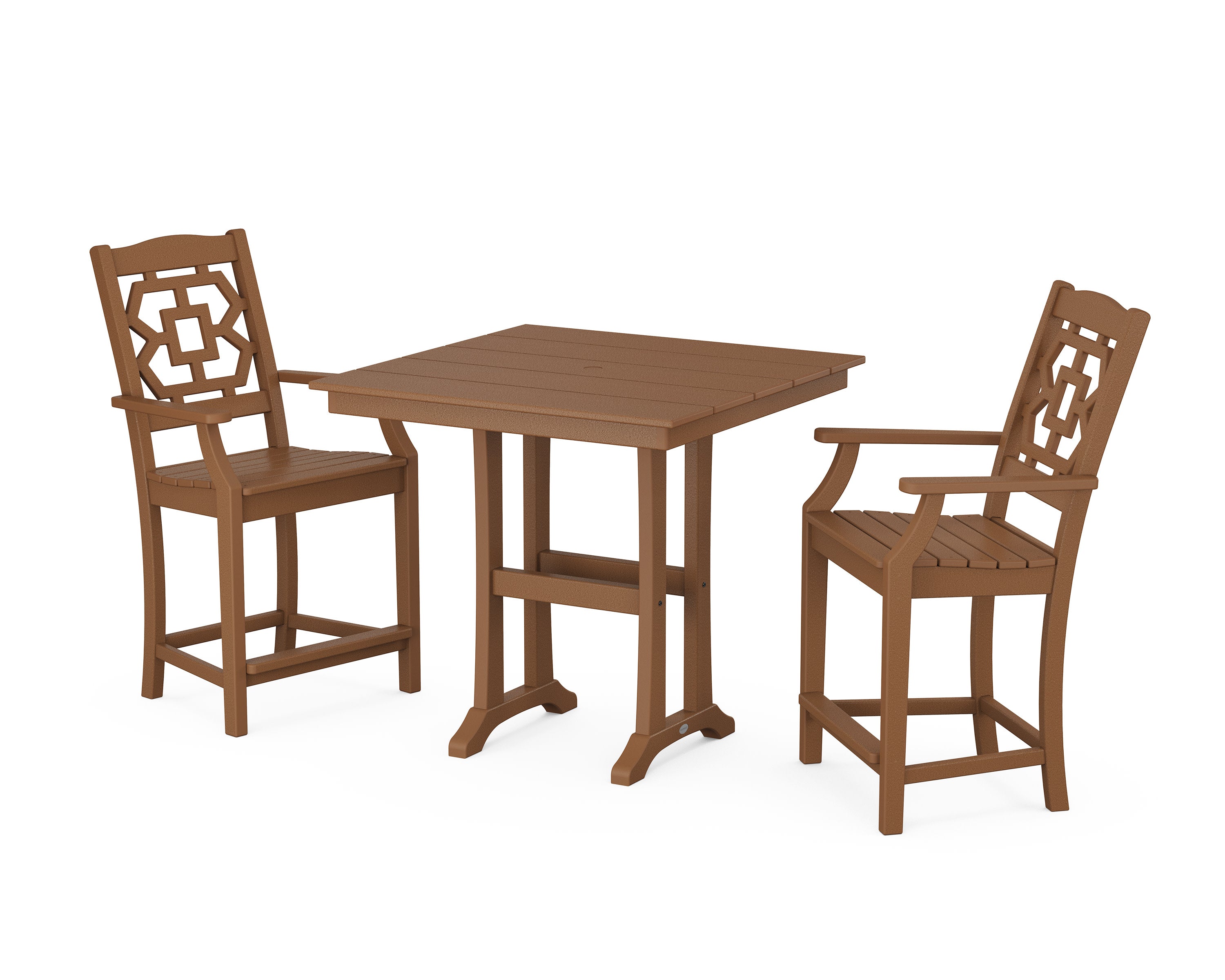 Chinoiserie 3-Piece Farmhouse Counter Set with Trestle Legs in Teak