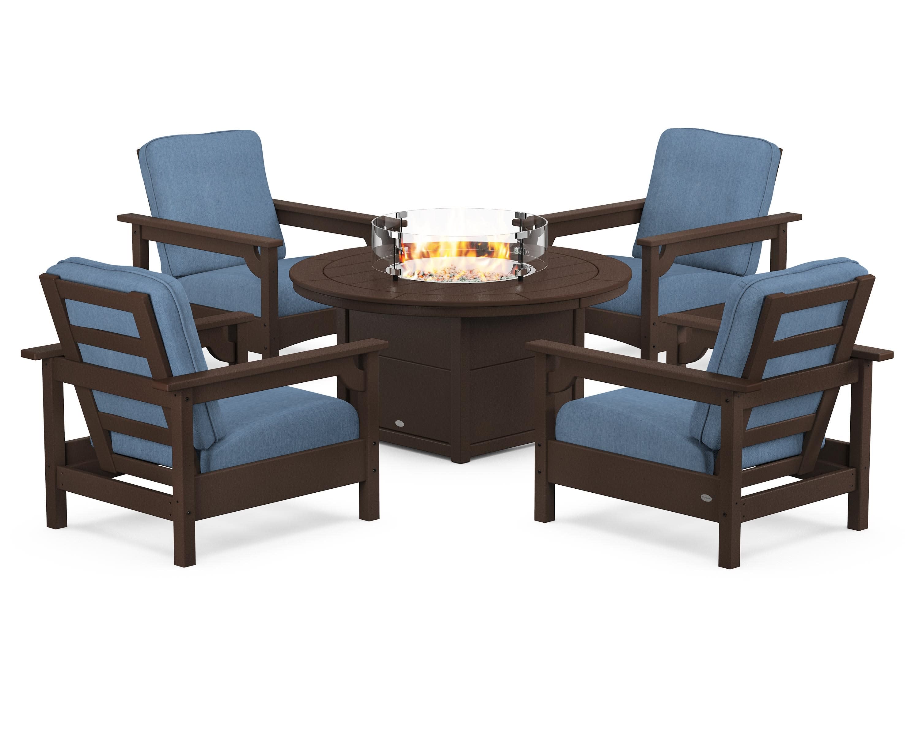 Club 5-Piece Conversation Set with Fire Pit Table in Mahogany / Sky Blue