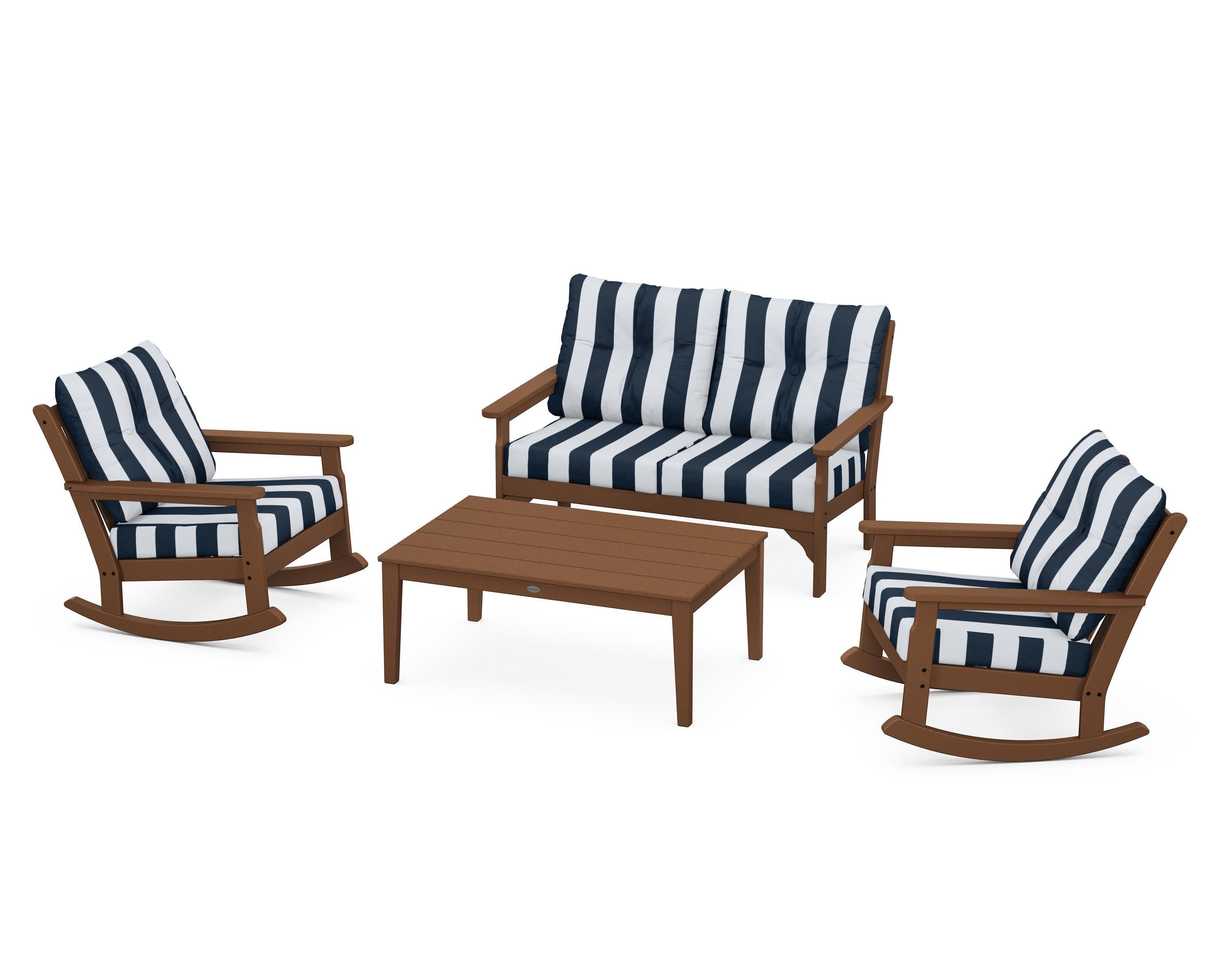 Vineyard 4-Piece Deep Seating Rocking Chair Set in Teak / Cabana Stripe Marine Indigo