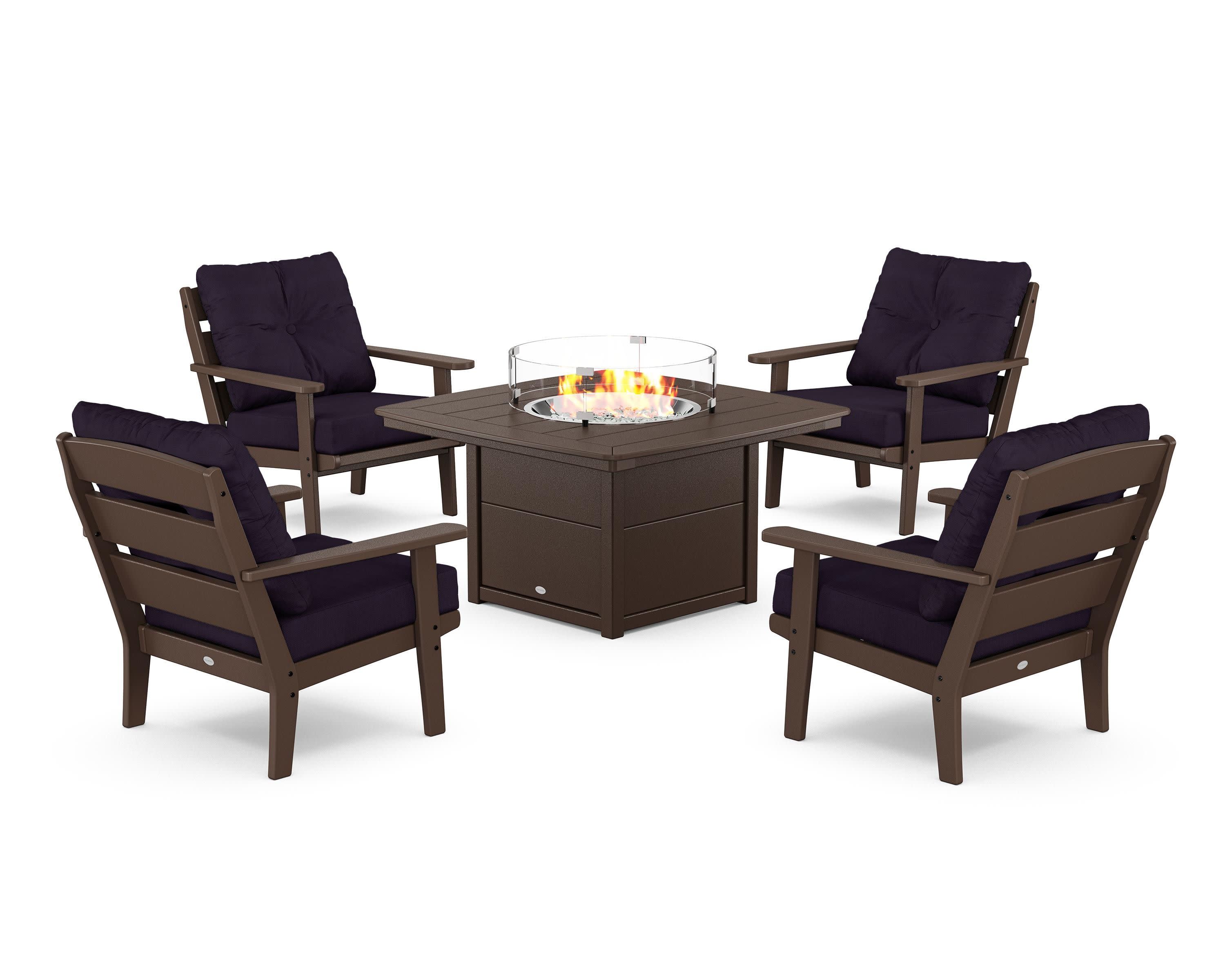 Lakeside 5-Piece Deep Seating Set with Nautical Fire Pit Table in Mahogany / Navy Linen