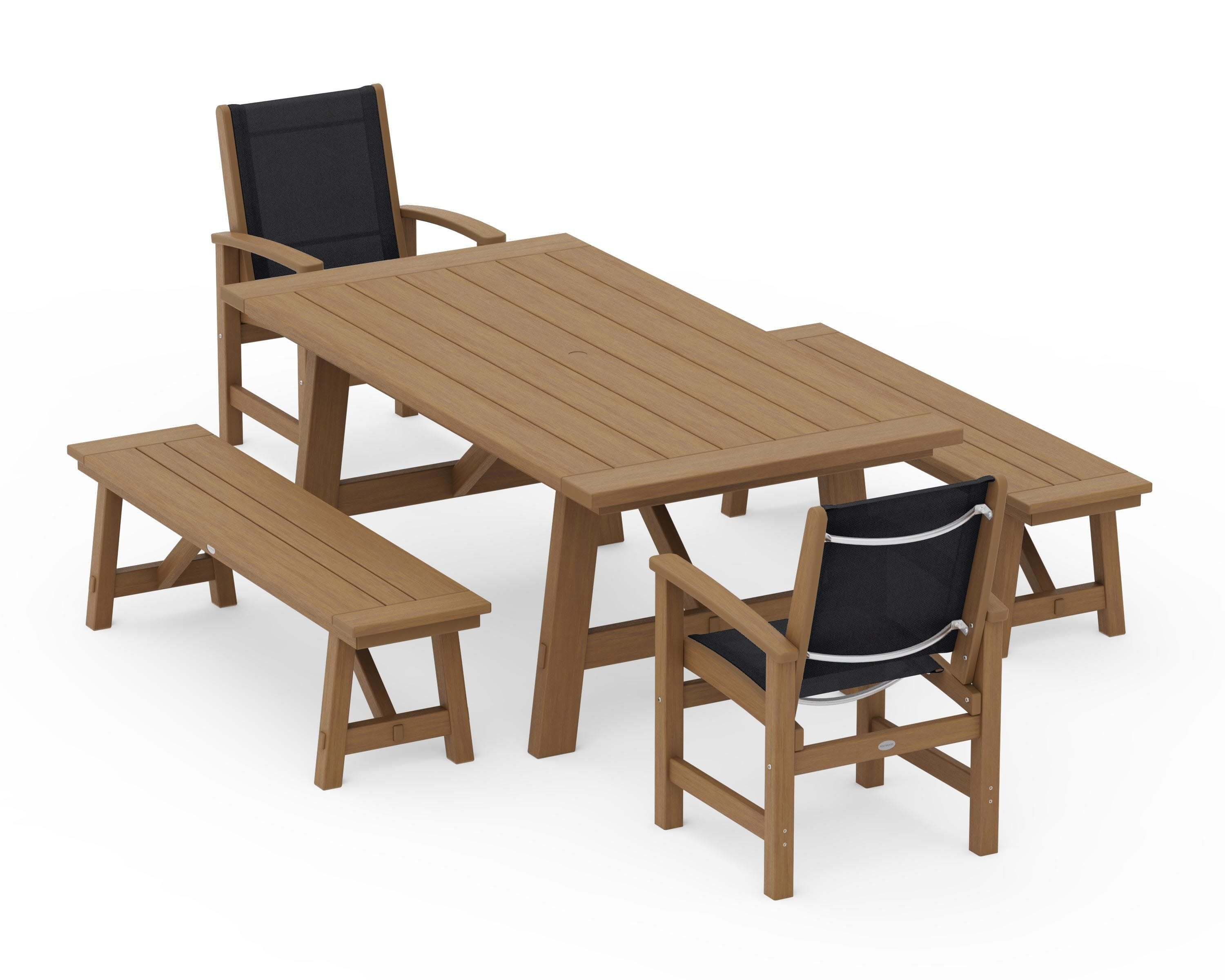 Coastal 5-Piece Rustic Farmhouse Dining Set With Benches in Natural / Black Sling