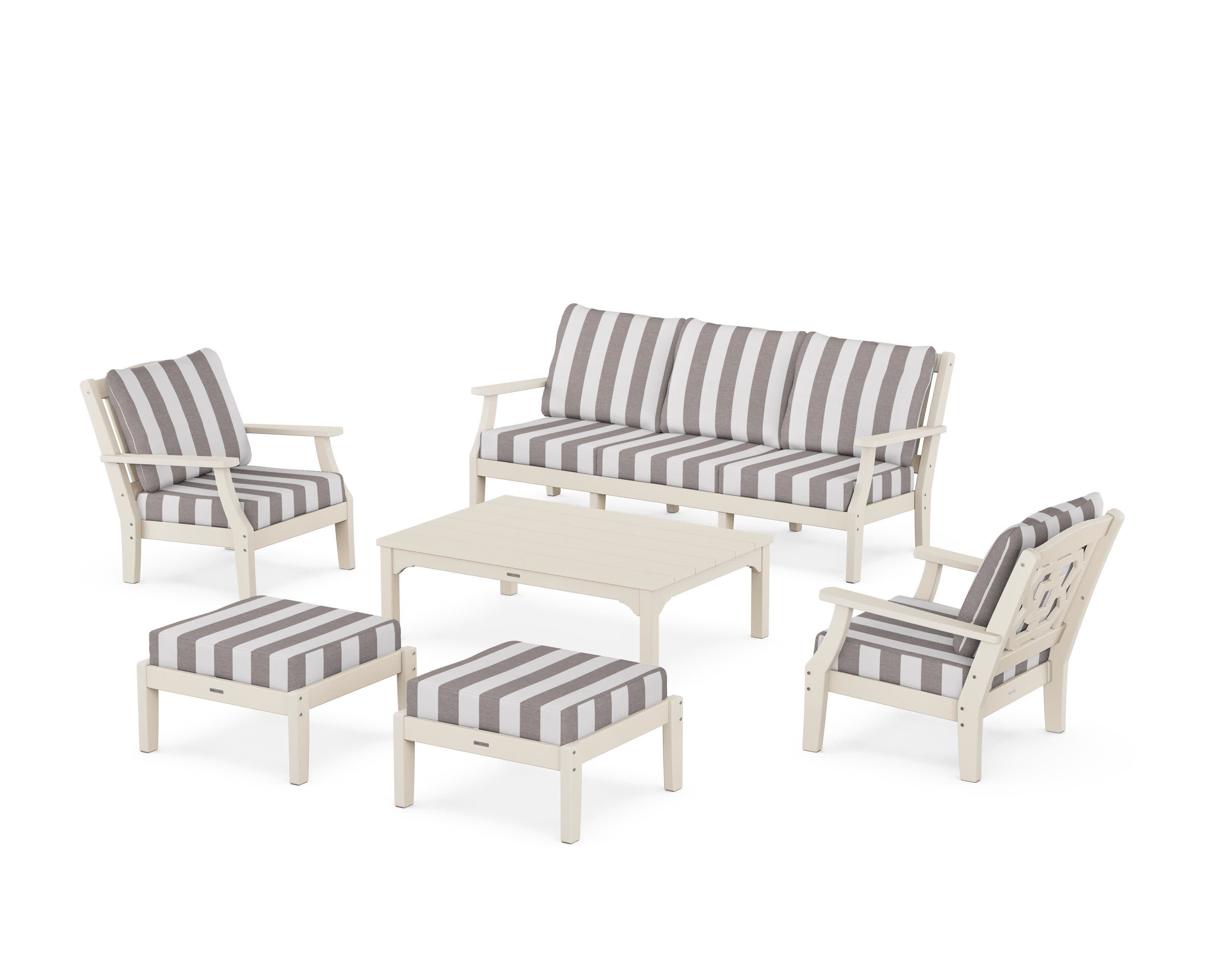 Chinoiserie 6-Piece Lounge Sofa Set in Sand / Cabana Stripe Grey Mist