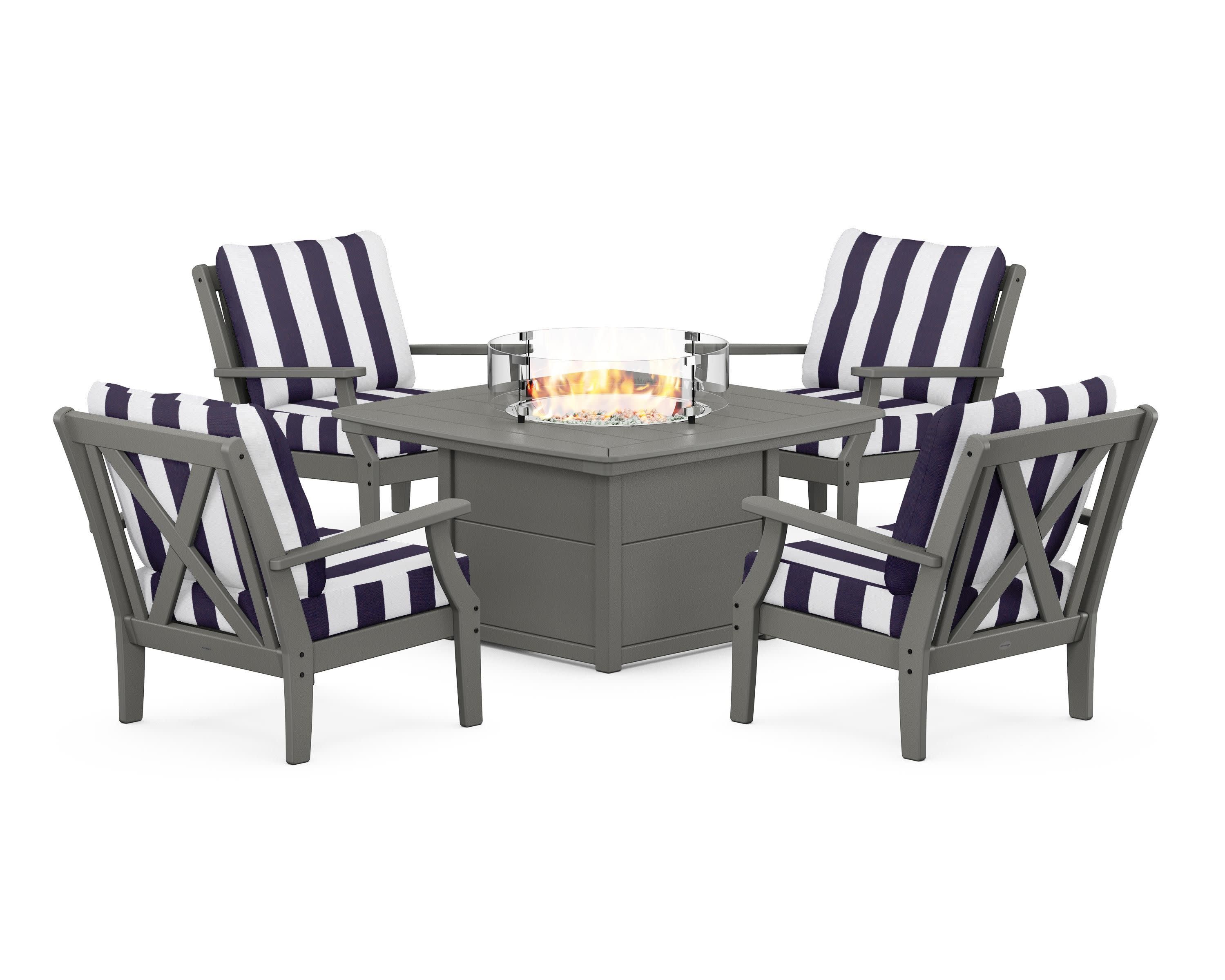 Braxton 5-Piece Deep Seating Conversation Set with Fire Pit Table in Slate Grey / Cabana Stripe Navy