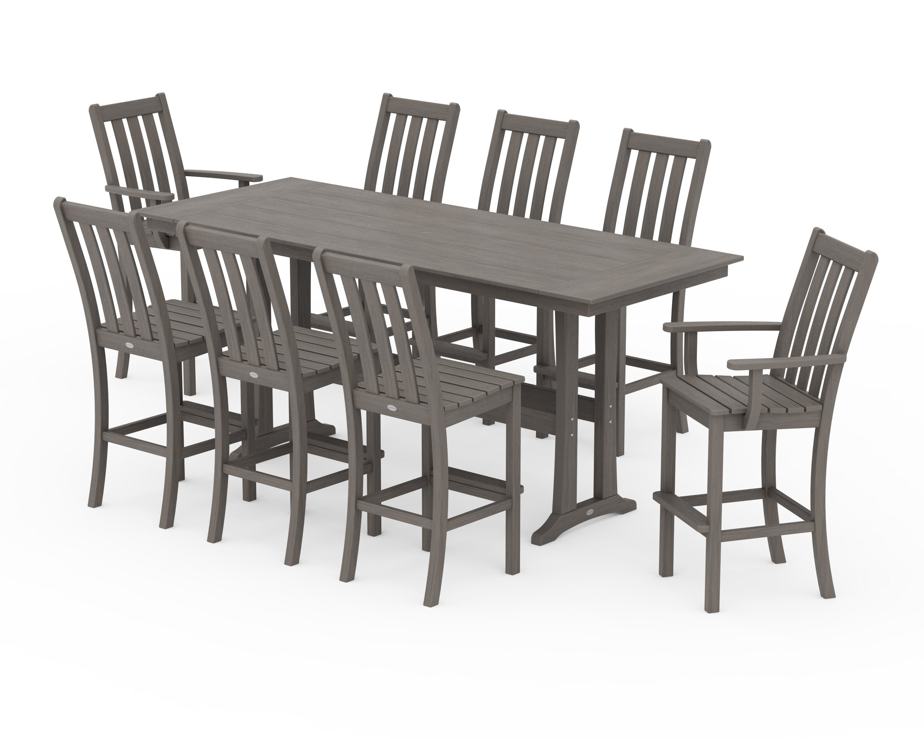Vineyard 9-Piece Farmhouse Bar Set with Trestle Legs in Driftwood