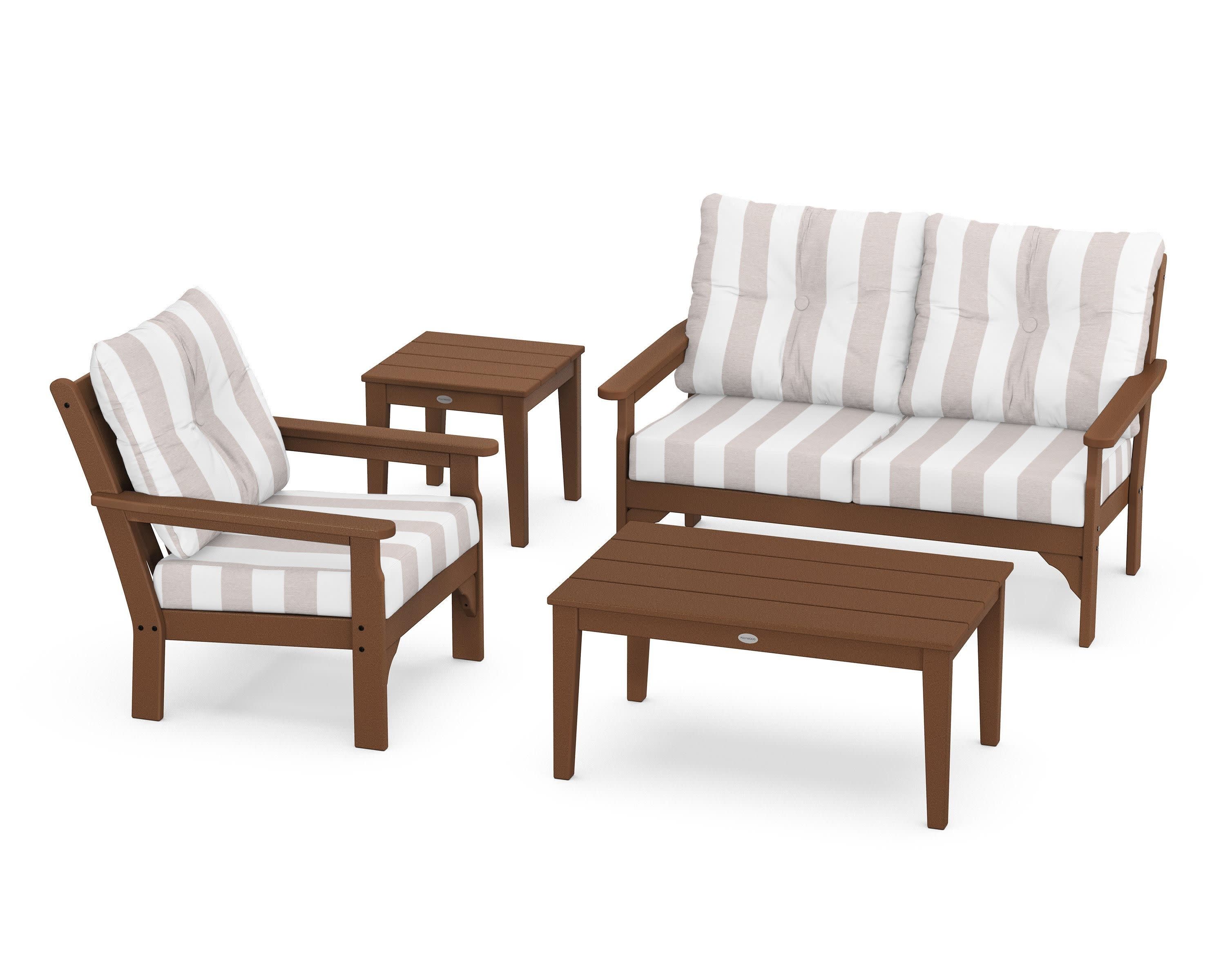 Vineyard 4-Piece Deep Seating Set in Teak / Cabana Stripe Dune Burlap