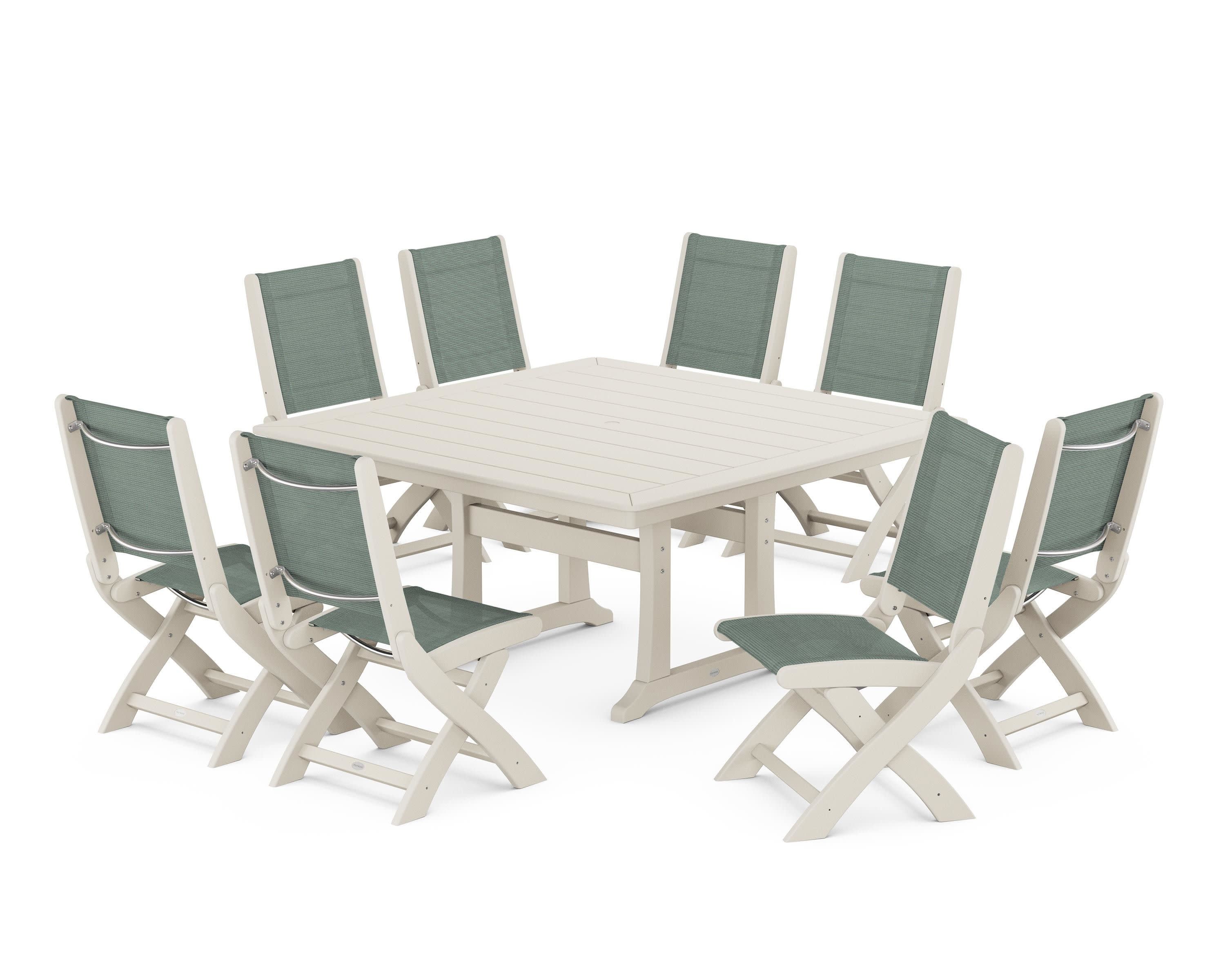 Coastal Folding Side Chair 9-Piece Dining Set with Trestle Legs in Sand / Dupioni Sea Mist Sling