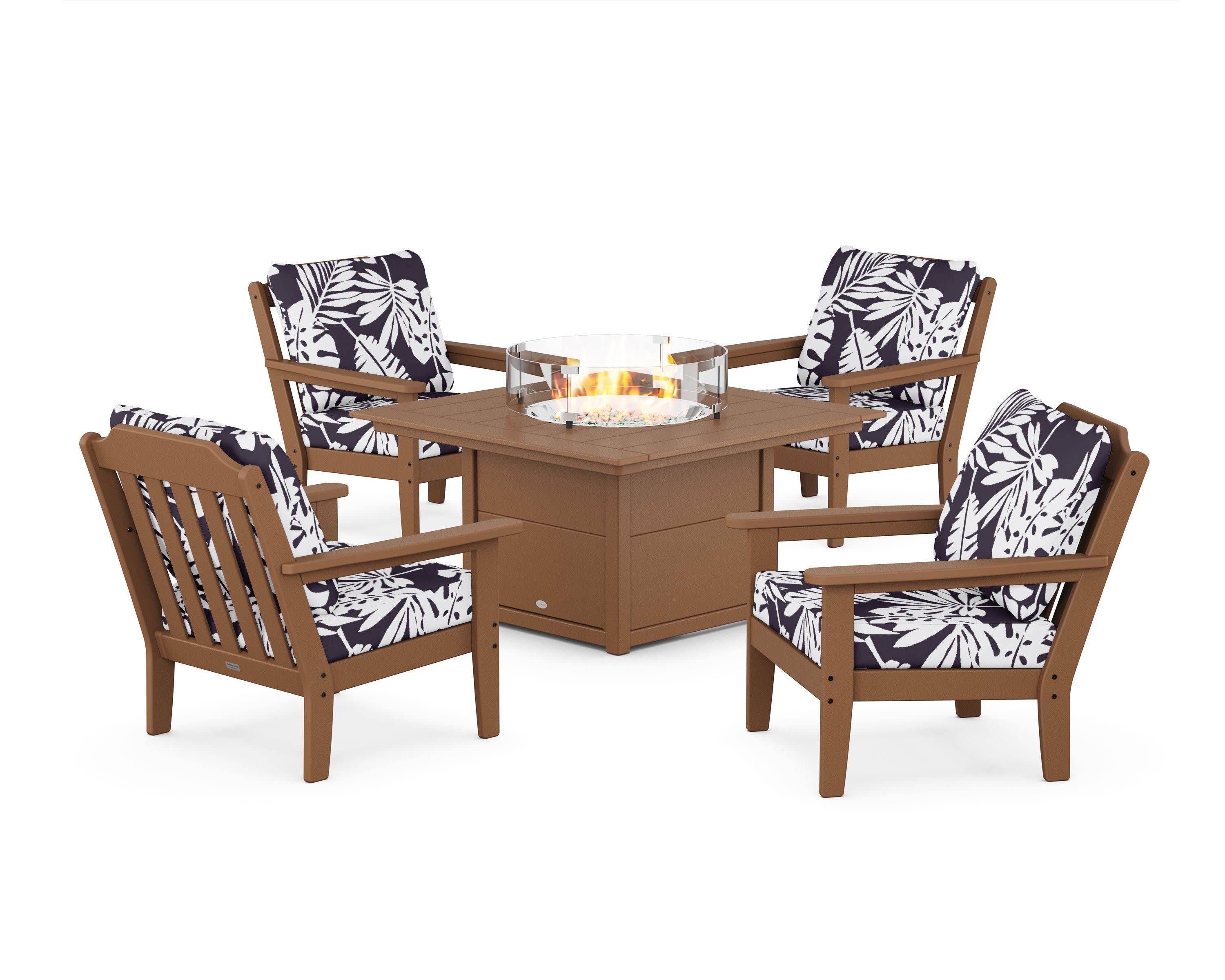 Cottage 5-Piece Deep Seating Set with Fire Pit Table in Teak / Leaf Navy