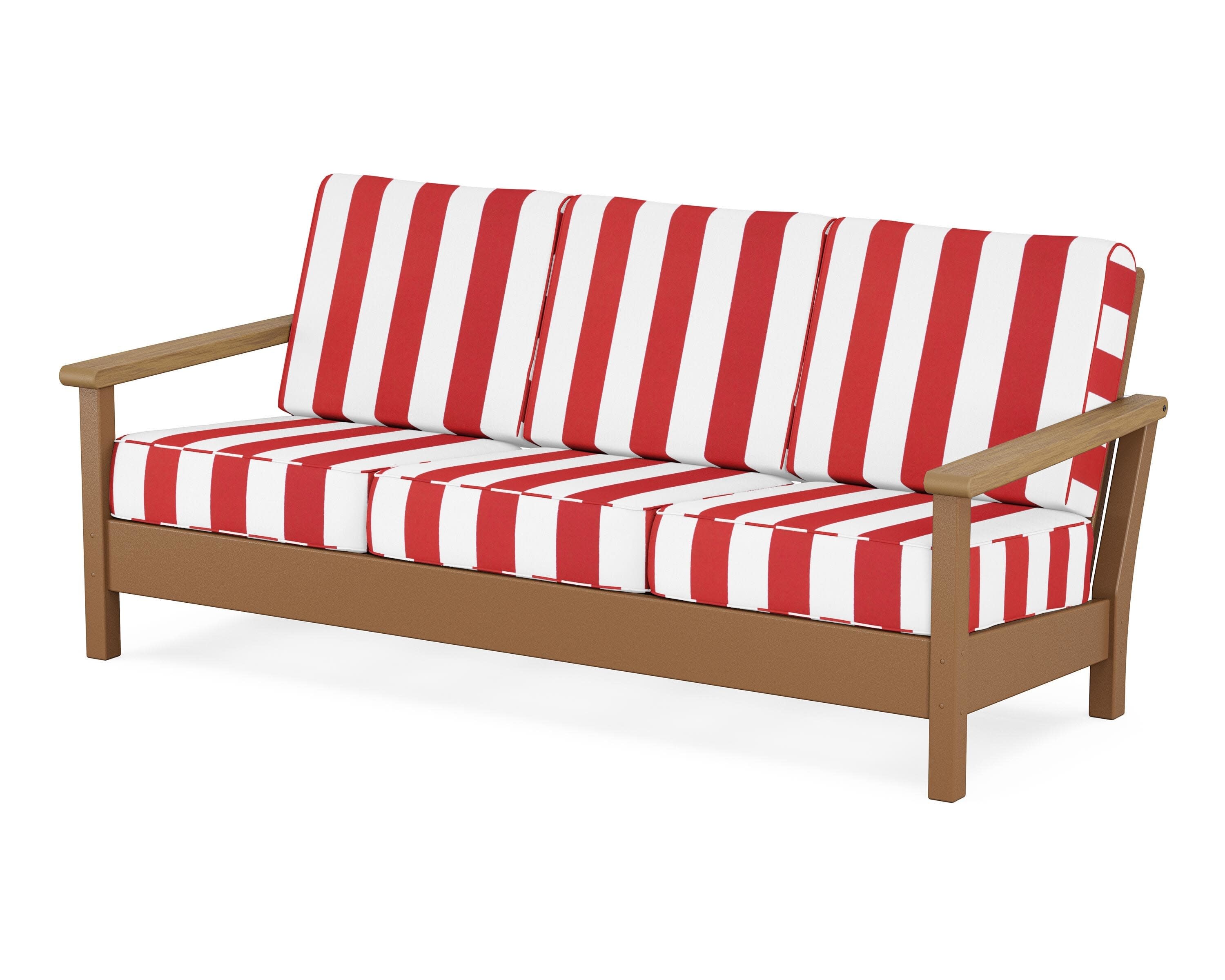 Harbour Deep Seating Sofa in Teak / Natural / Cabana Stripe Crimson
