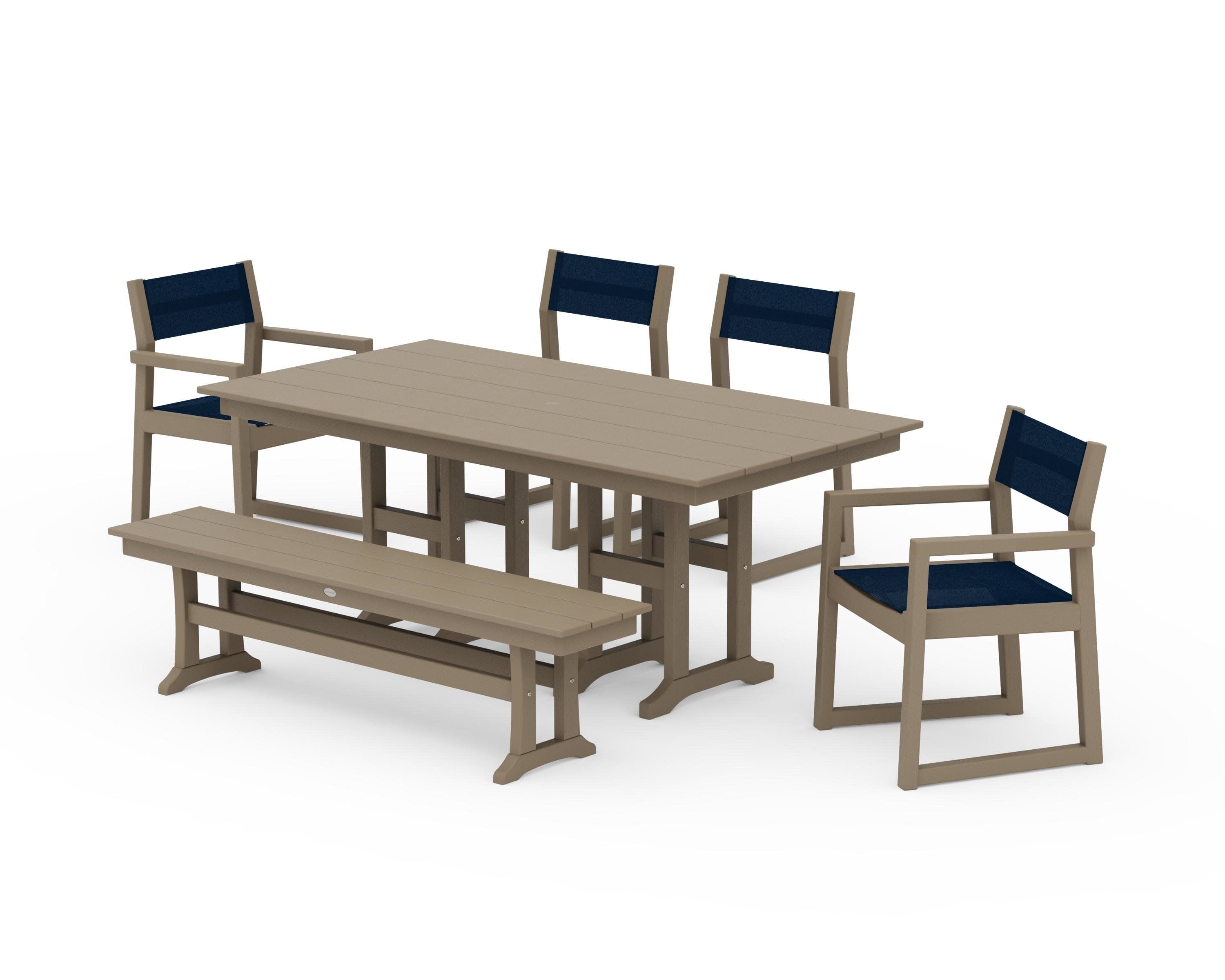 EDGE Sling 6-Piece Farmhouse Dining Set in Vintage Sahara / Navy Blue Sling