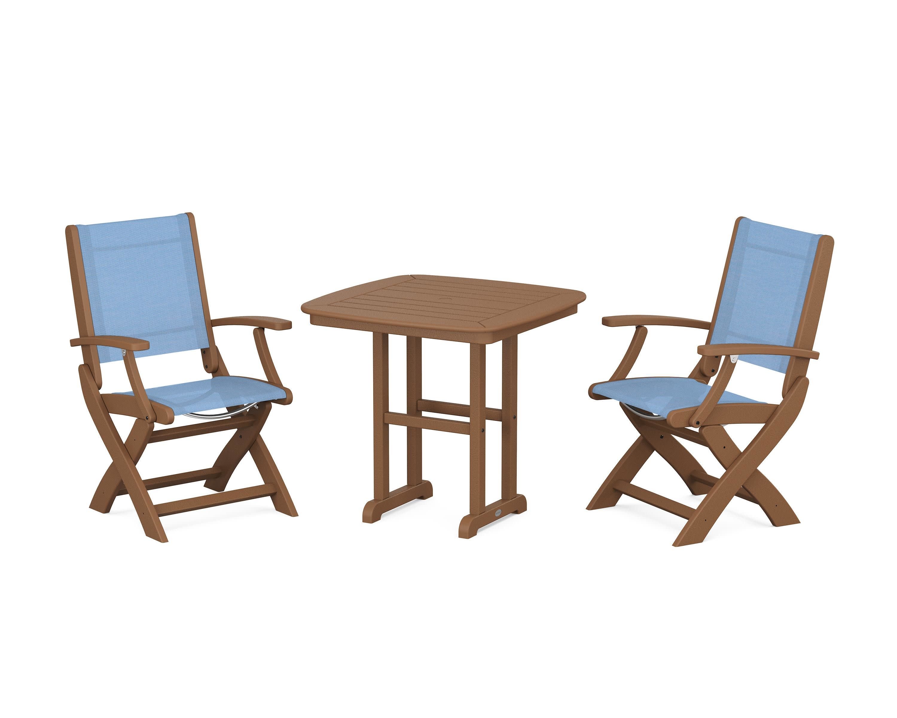 Coastal Folding Chair 3-Piece Dining Set in Teak / Poolside Sling