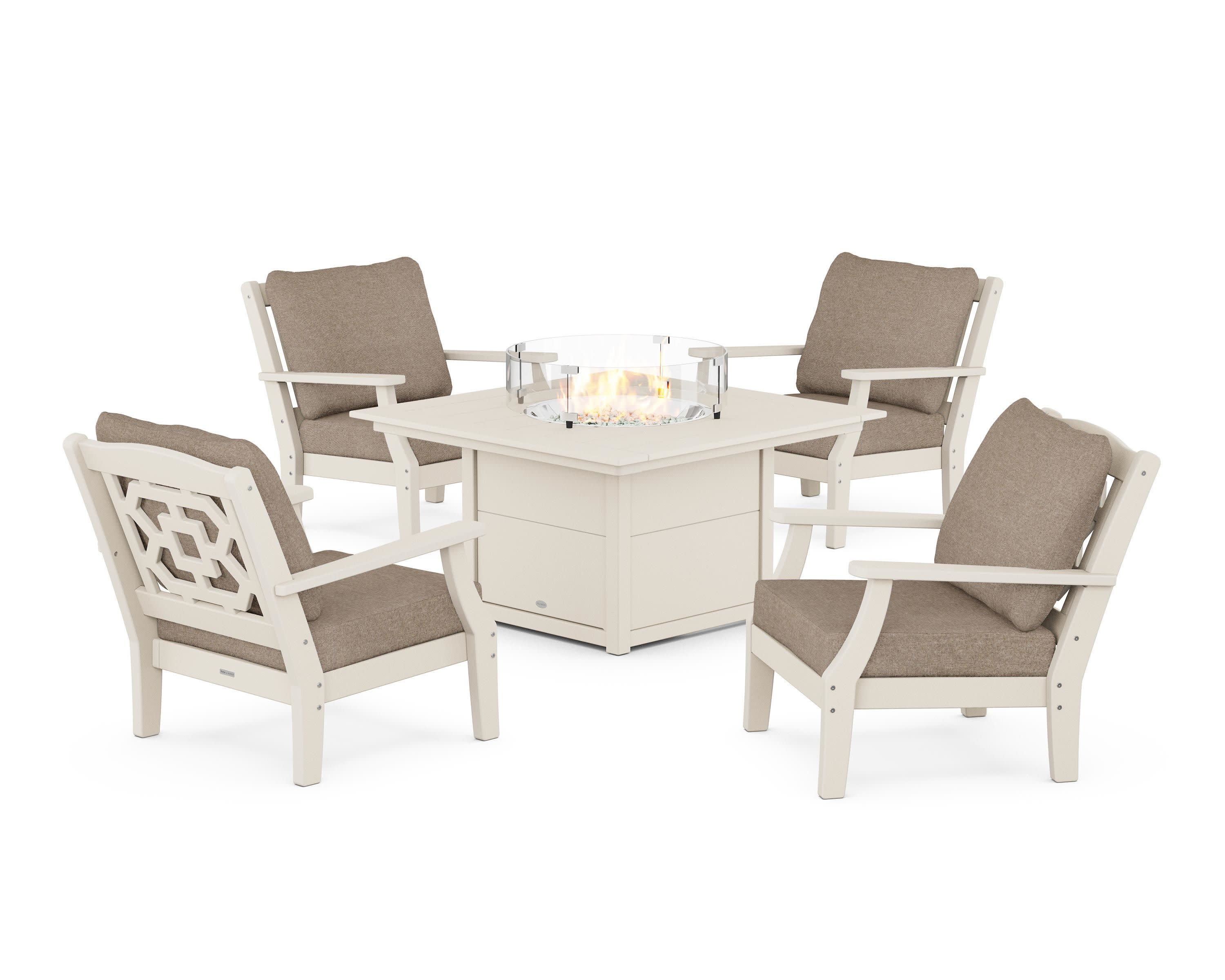 Chinoiserie 5-Piece Deep Seating Set with Fire Pit Table in Sand / Spiced Burlap