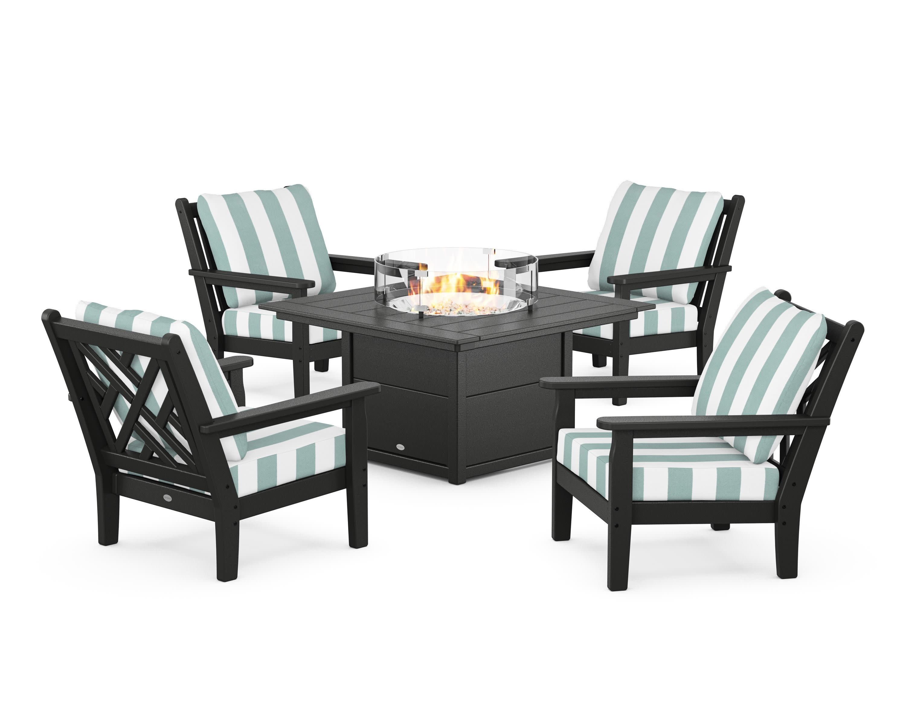 Chippendale 5-Piece Deep Seating Set with Fire Pit Table in Black / Cabana Stripe Glacier Spa