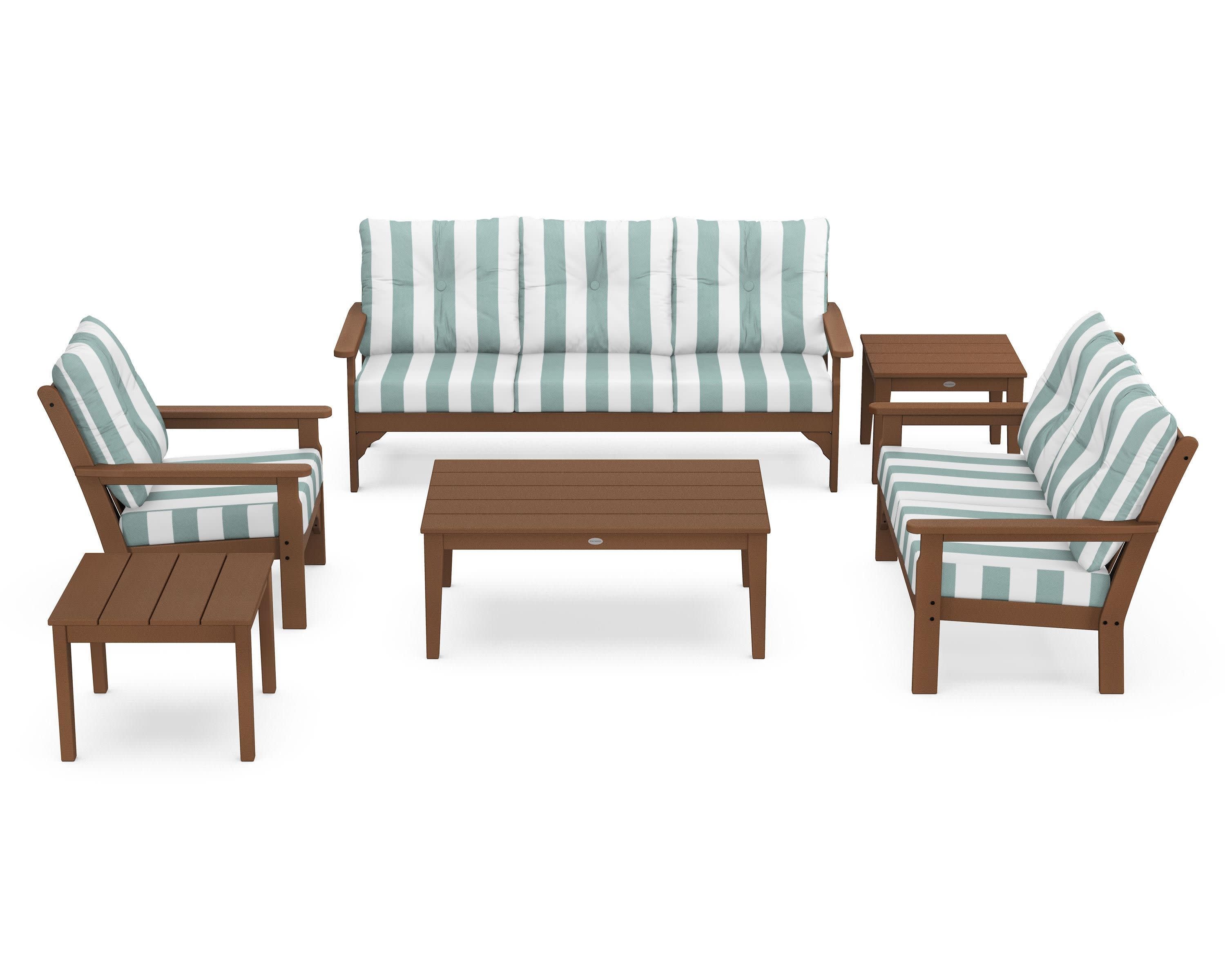 Vineyard 6-Piece Deep Seating Set in Teak / Cabana Stripe Glacier Spa