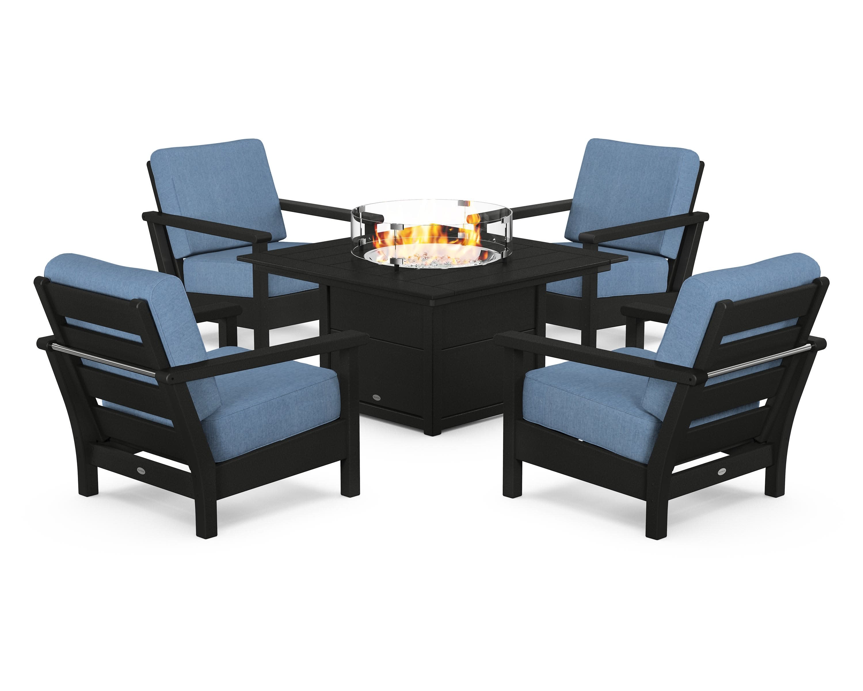 Harbour 5-Piece Conversation Set with Fire Pit Table in Black / Sky Blue