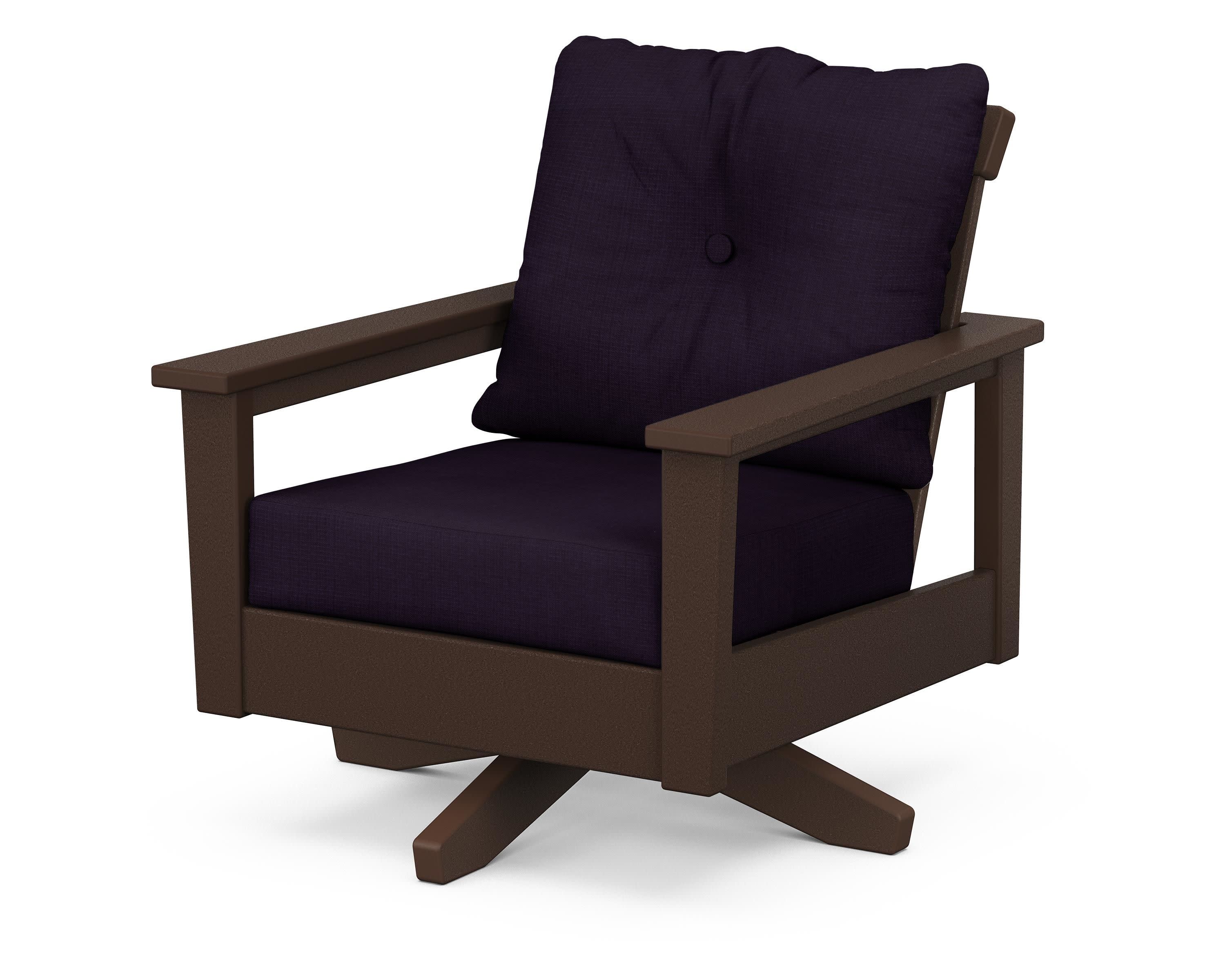 Prescott Deep Seating Swivel Chair in Mahogany / Navy Linen