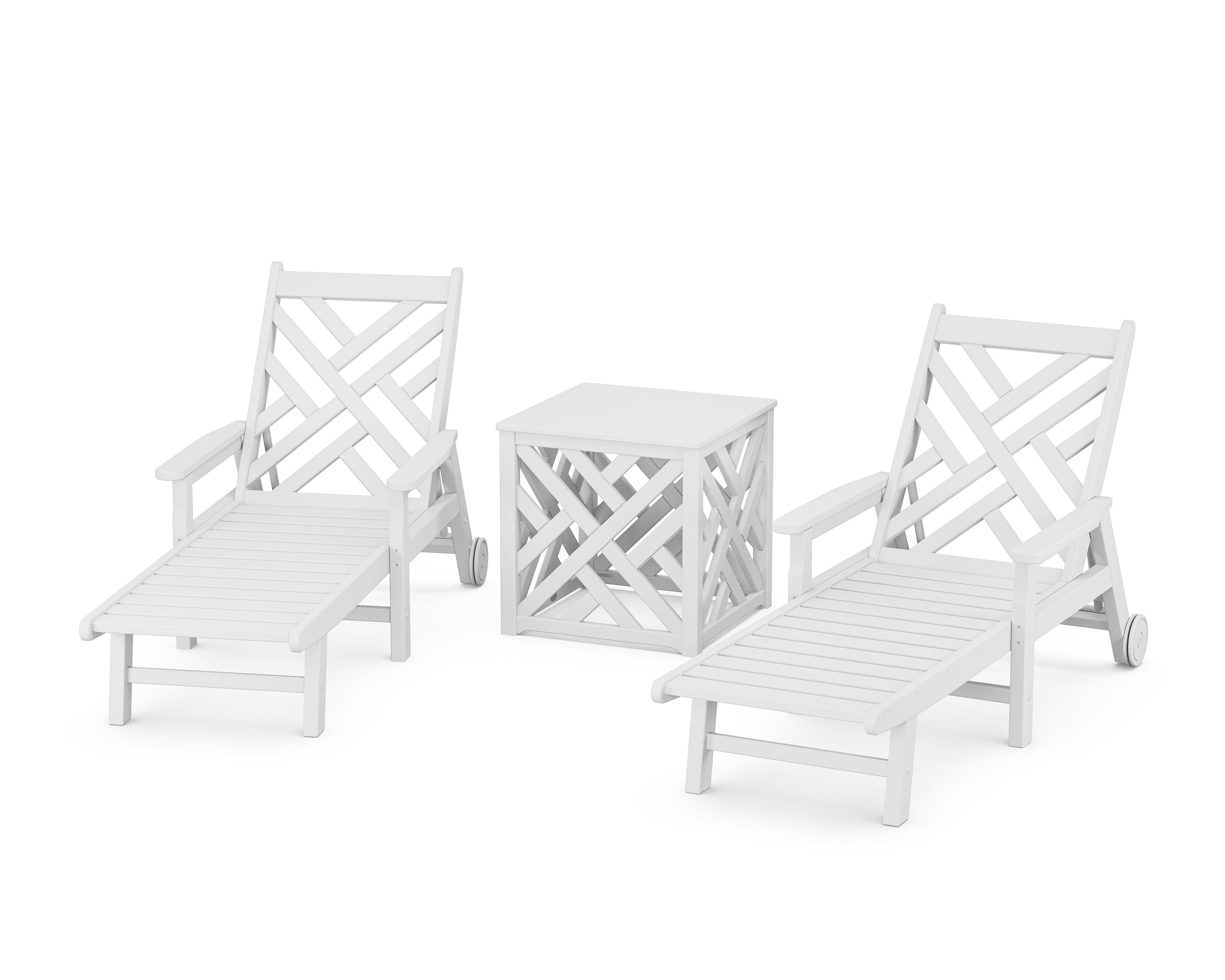 Chippendale 3-Piece Chaise Set with Umbrella Stand Accent Table in White