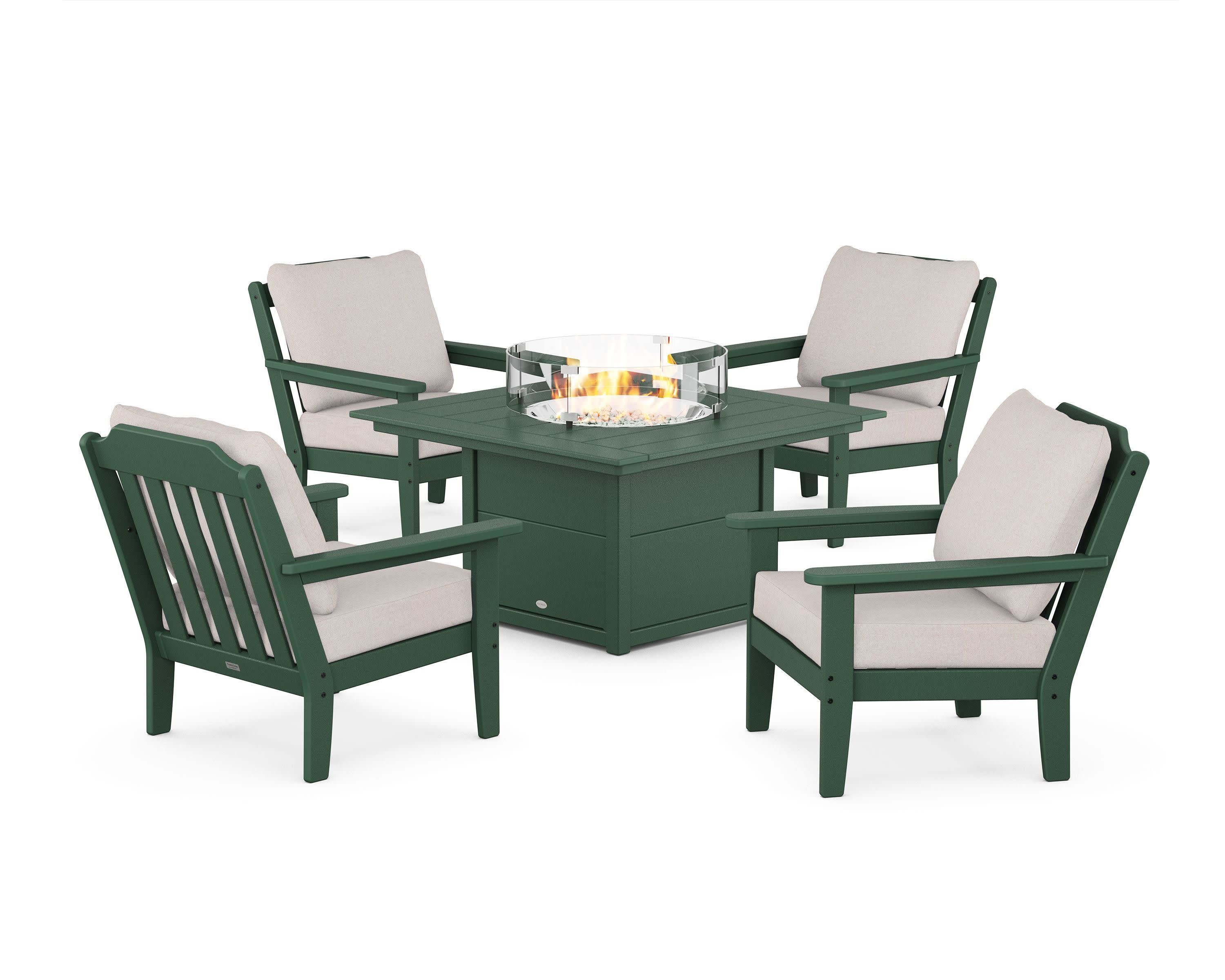 Cottage 5-Piece Deep Seating Set with Fire Pit Table in Green / Dune Burlap