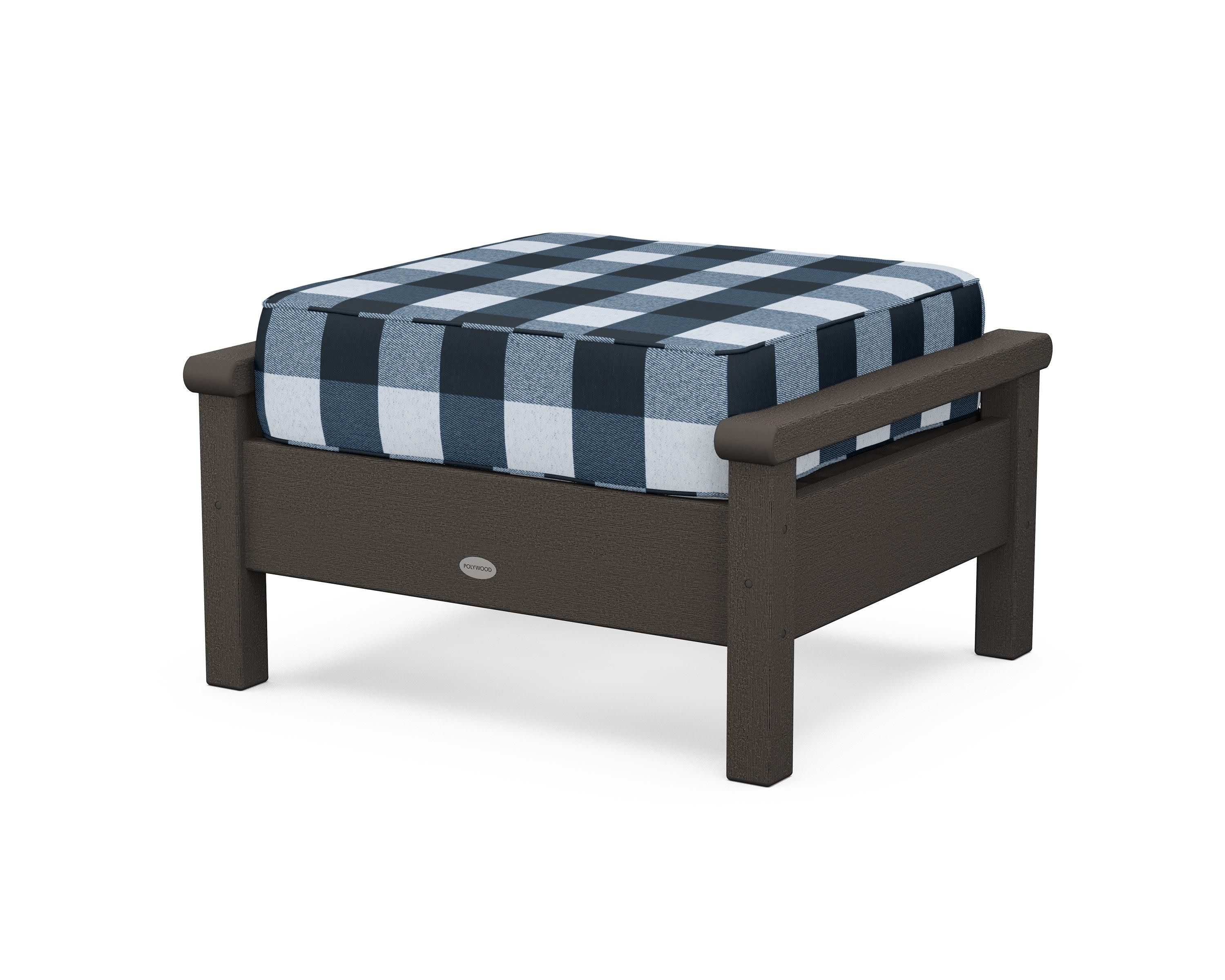 Harbour Deep Seating Ottoman in Vintage Coffee / Buffalo Plaid Marine Indigo