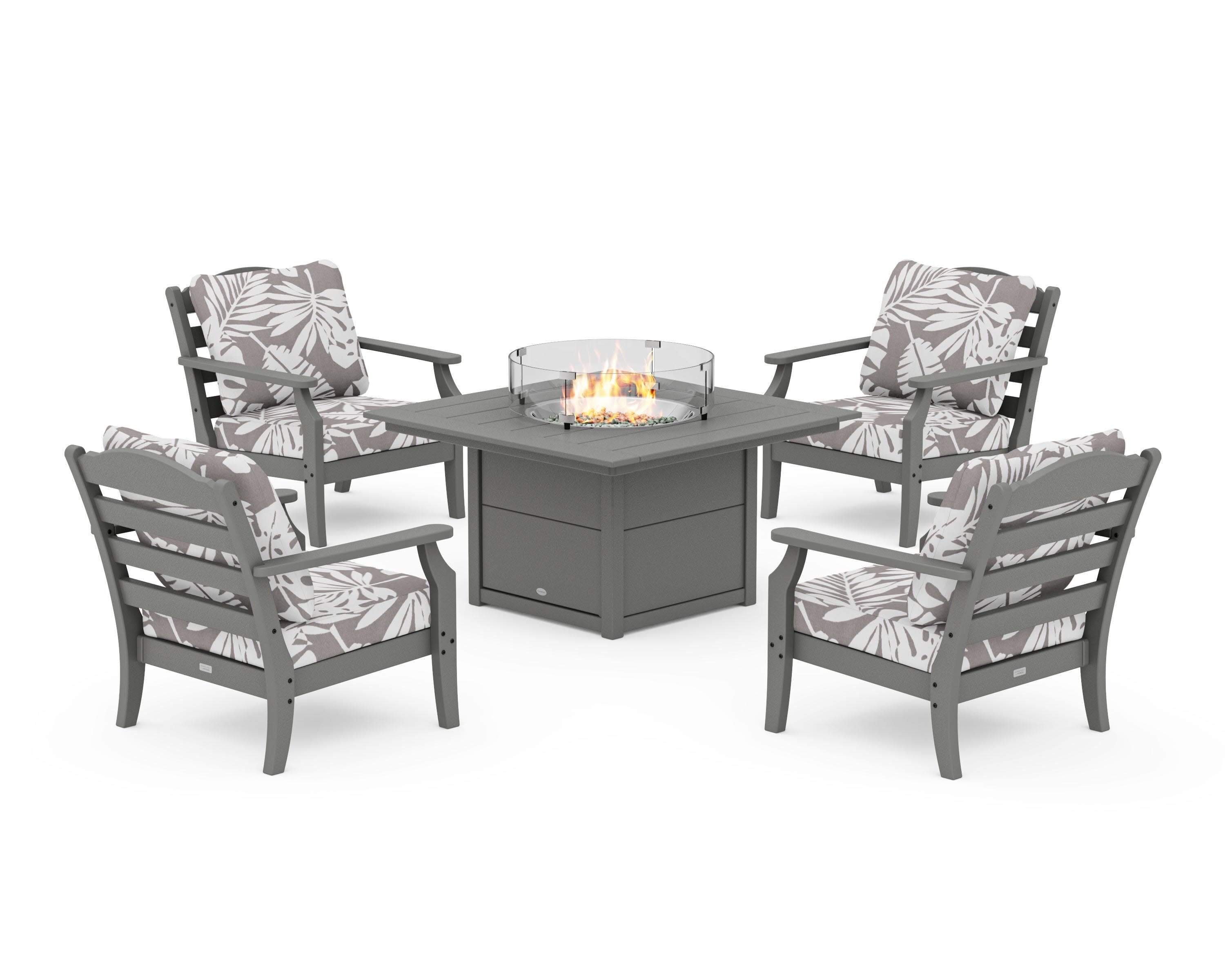 Savannah 5-Piece Deep Seating Set with Fire Pit Table in Slate Grey / Leaf Grey Mist