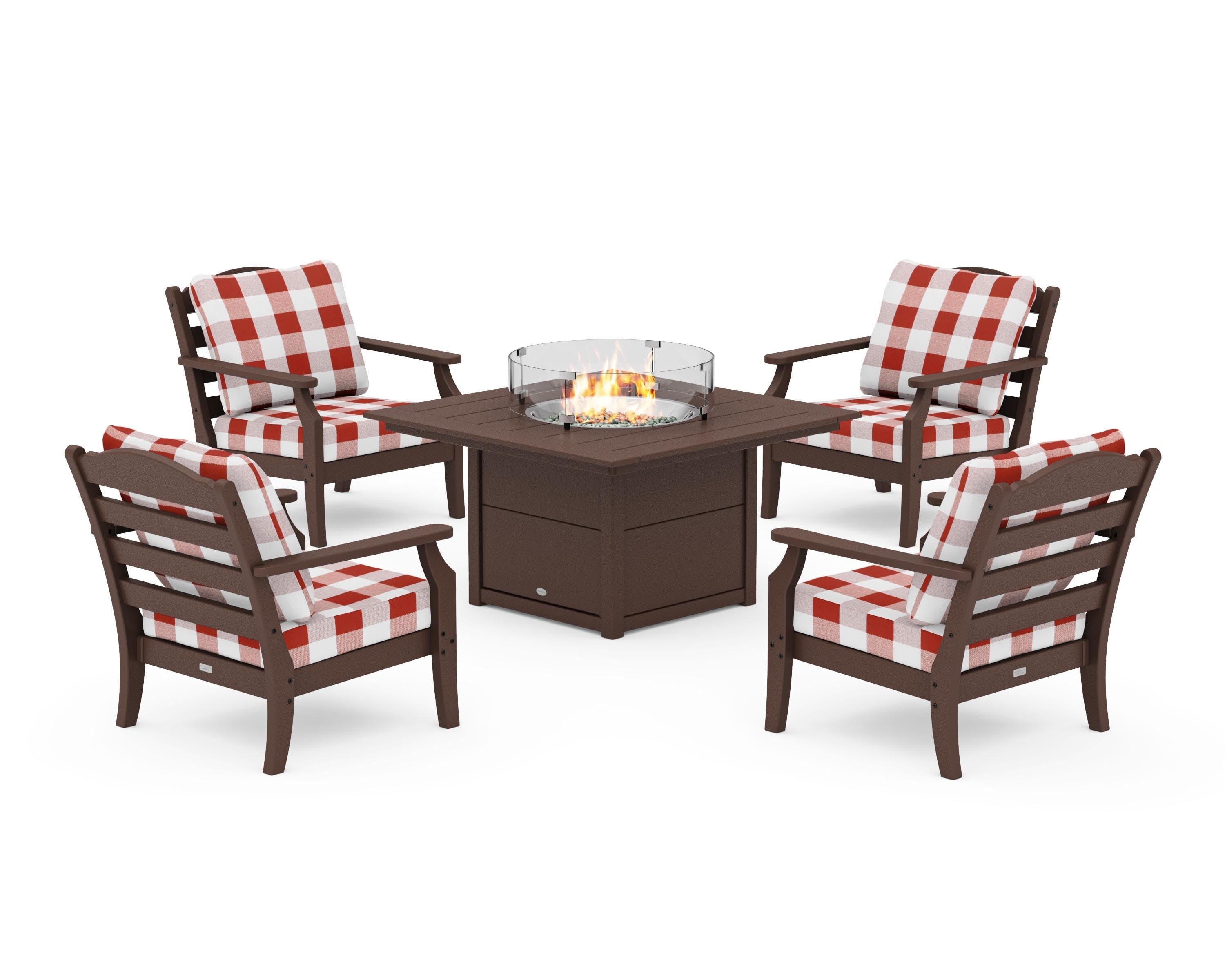 Savannah 5-Piece Deep Seating Set with Fire Pit Table in Mahogany / Buffalo Plaid Crimson