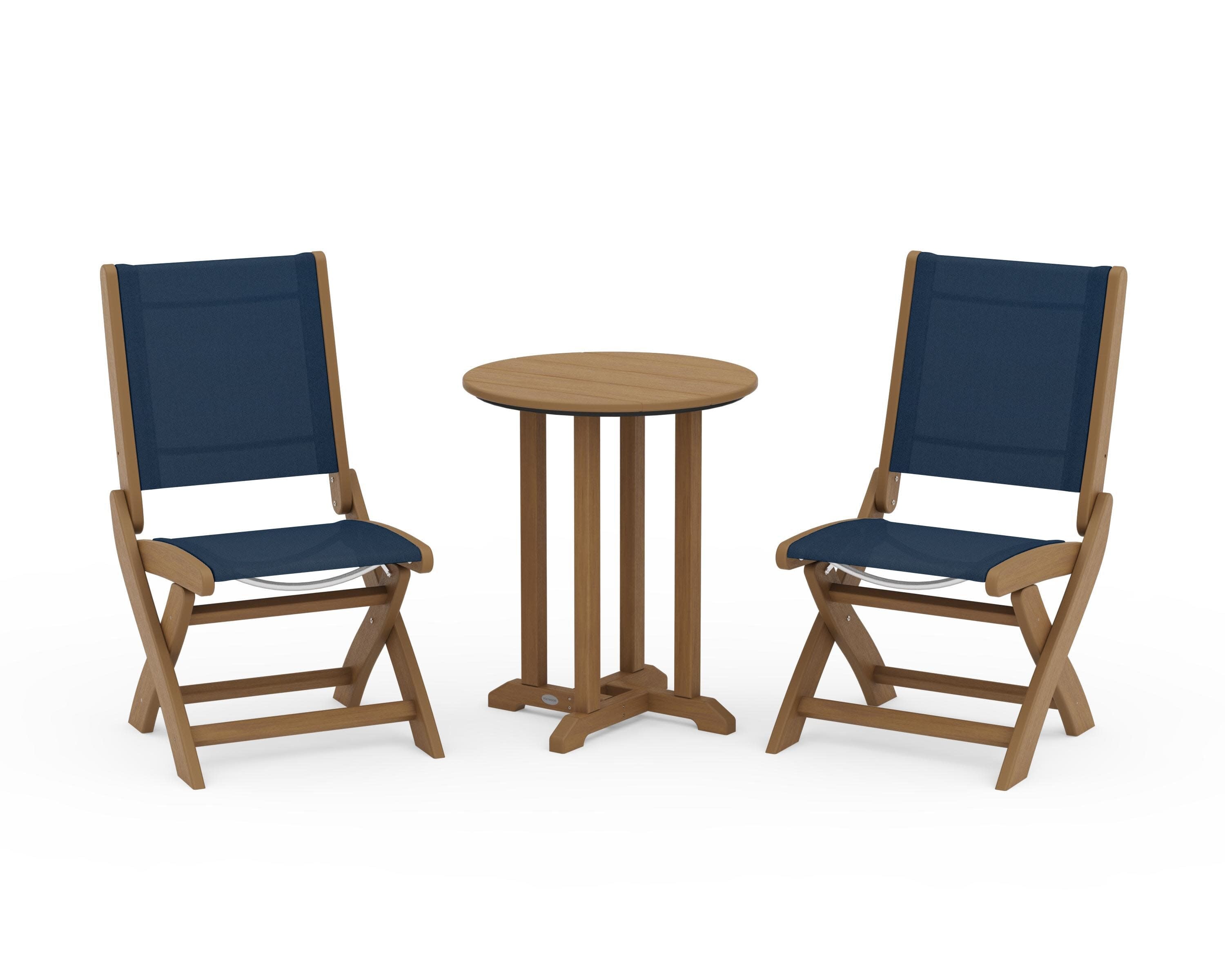 Coastal Folding Side Chair 3-Piece Round Bistro Dining Set in Natural / Navy Blue Sling