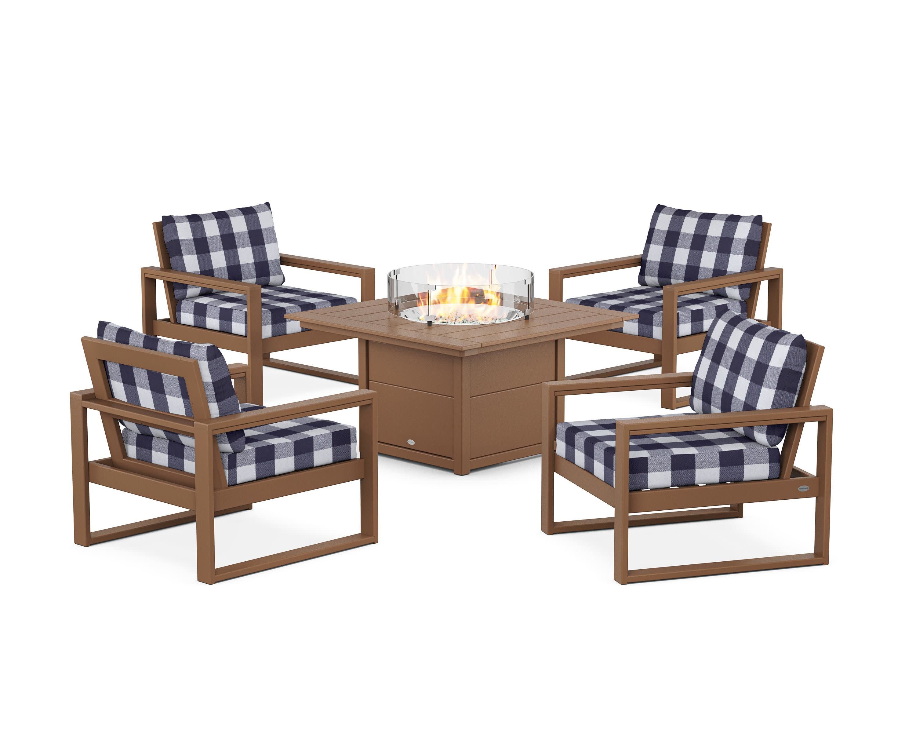 EDGE Sectional 5-Piece Deep Seating Set with Fire Pit Table in Teak / Buffalo Plaid Navy