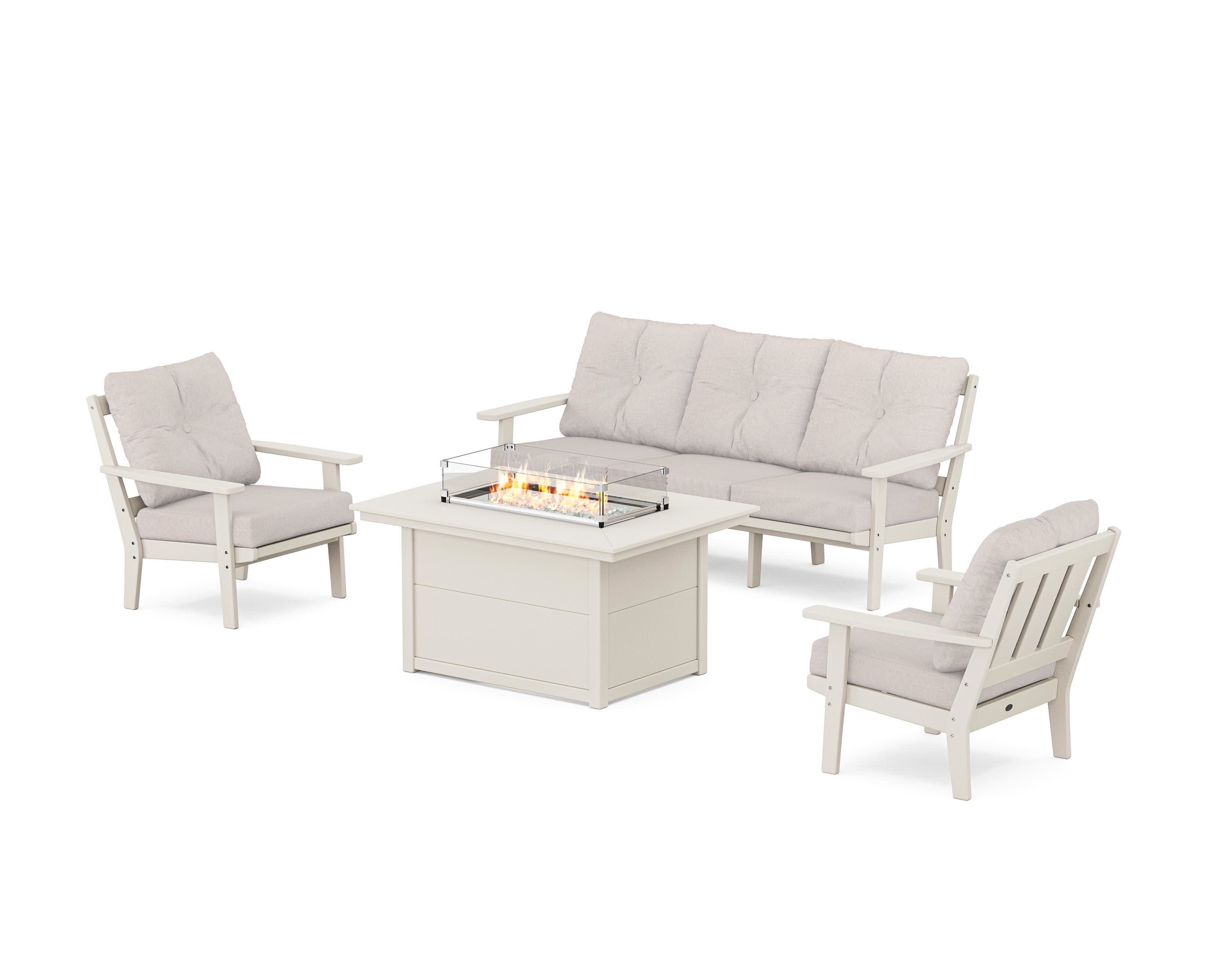 Oxford Deep Seating Fire Pit Table Set in Sand / Dune Burlap