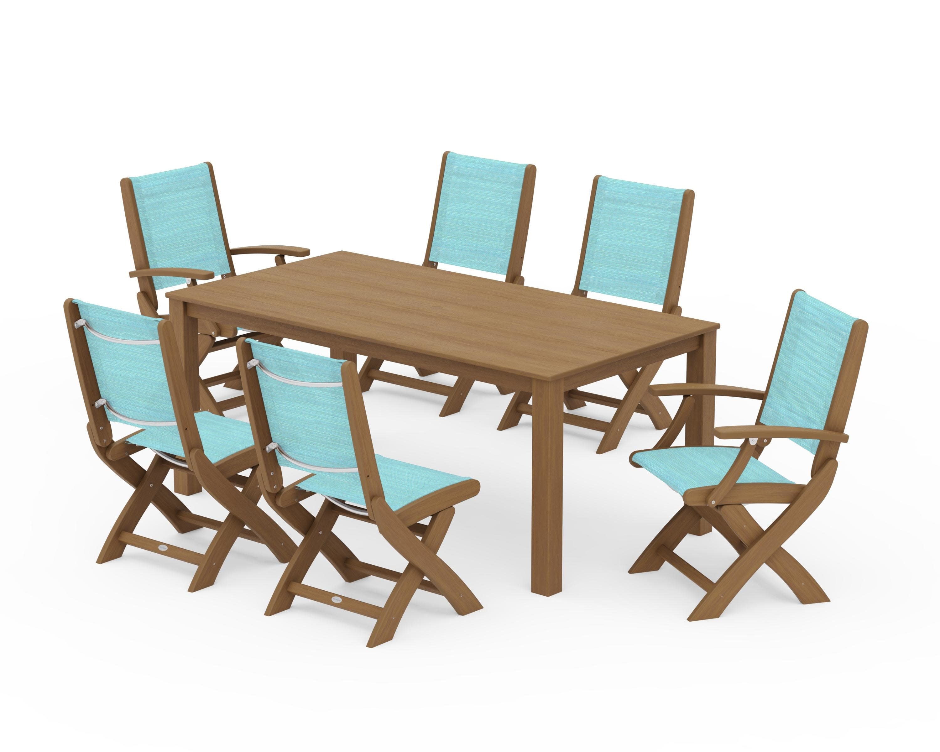 Coastal Folding Chair 7-Piece Parsons Dining Set in Natural / Dupioni Aquamarine Sling