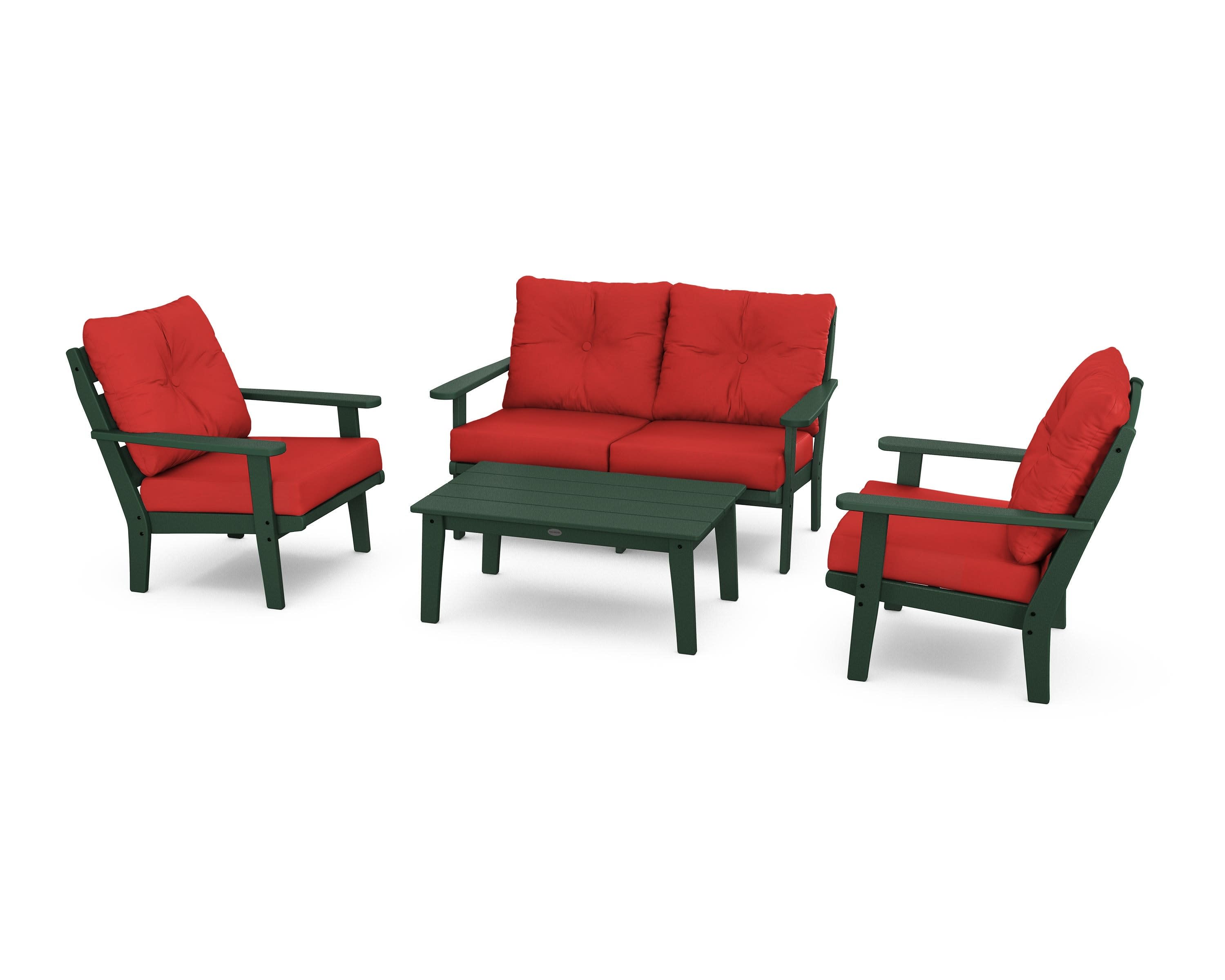 Lakeside 4-Piece Deep Seating Set in Green / Crimson Linen