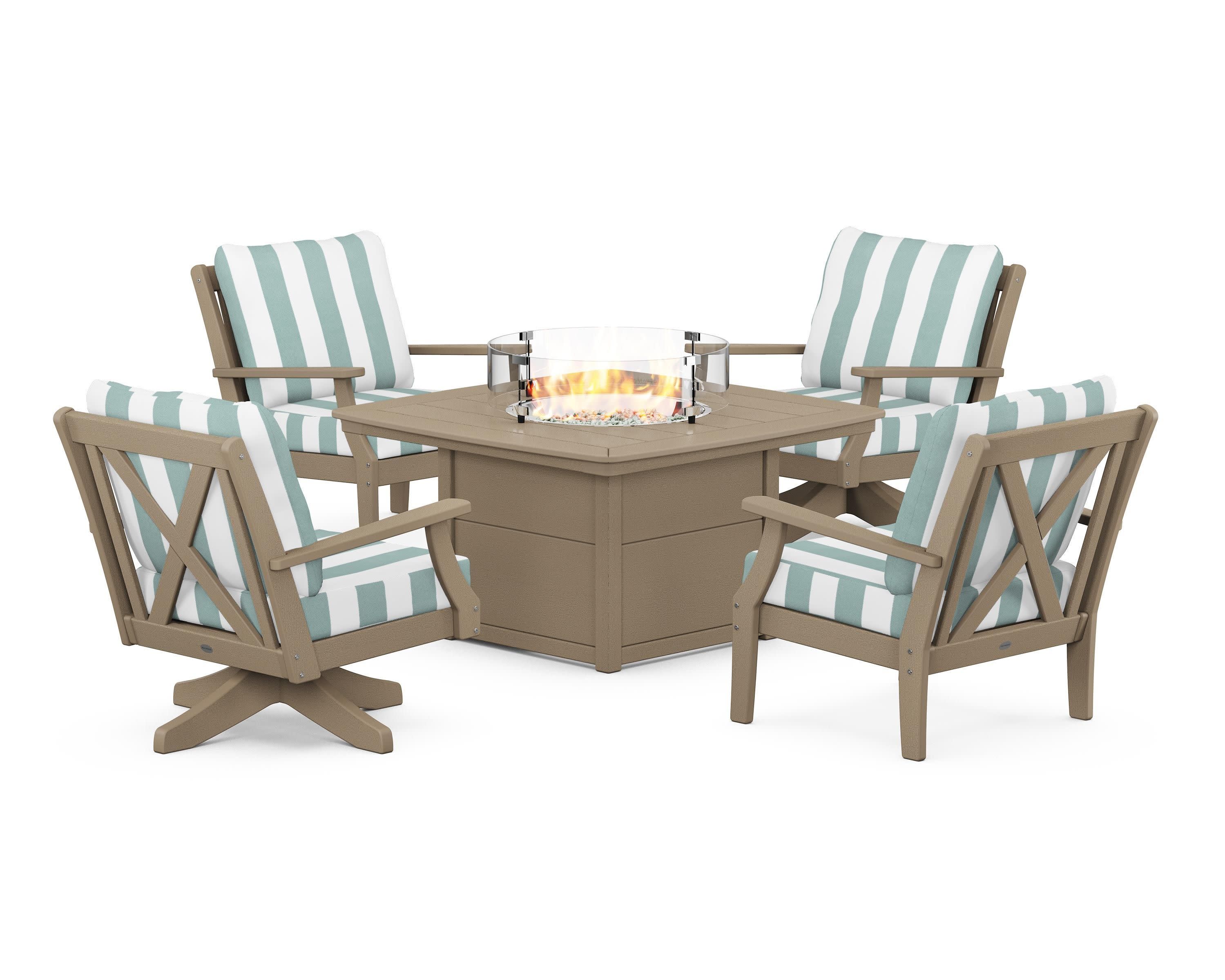 Braxton 5-Piece Deep Seating Set with Fire Table in Vintage Sahara / Cabana Stripe Glacier Spa