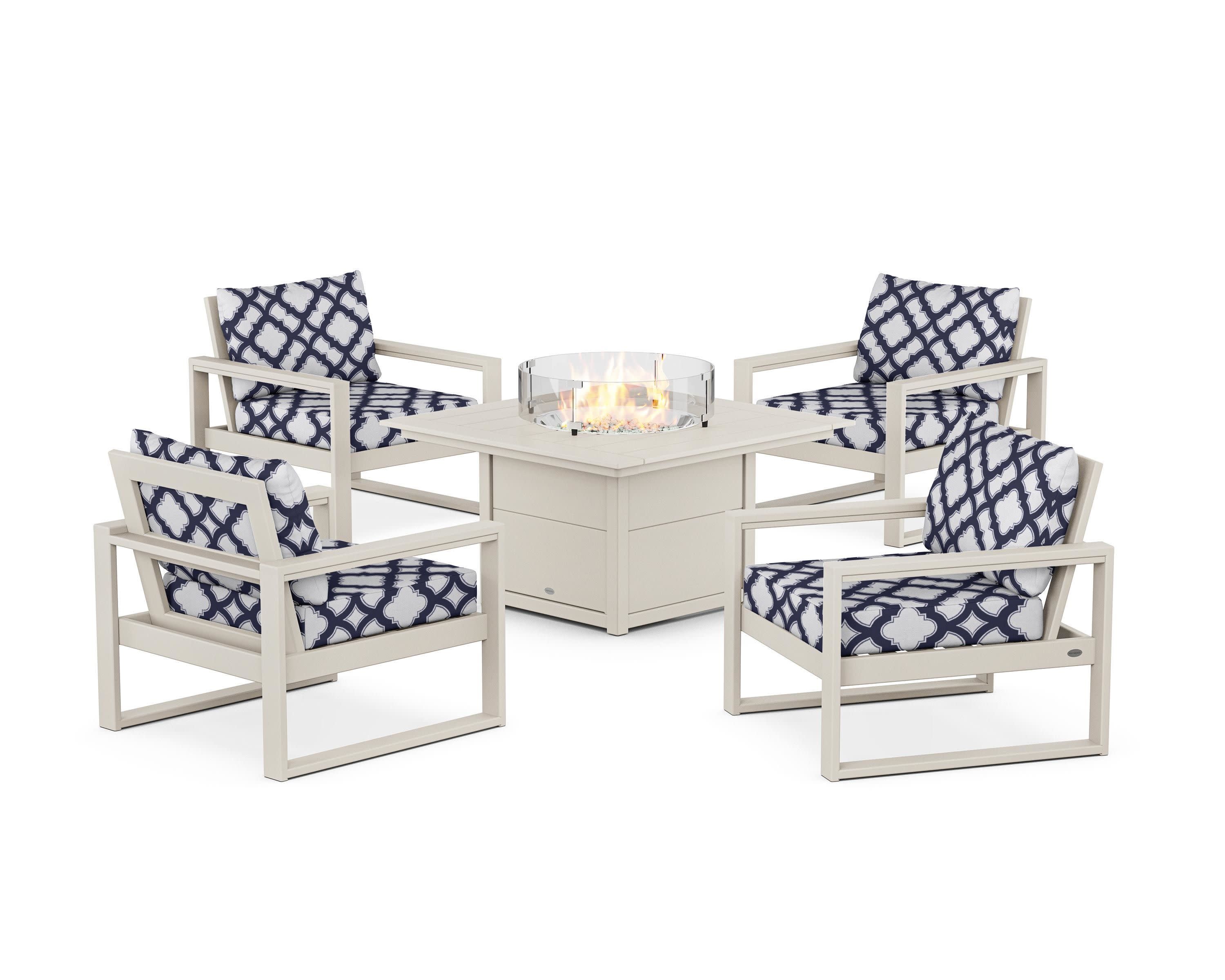 EDGE Sectional 5-Piece Deep Seating Set with Fire Pit Table in Sand / Trellis Navy