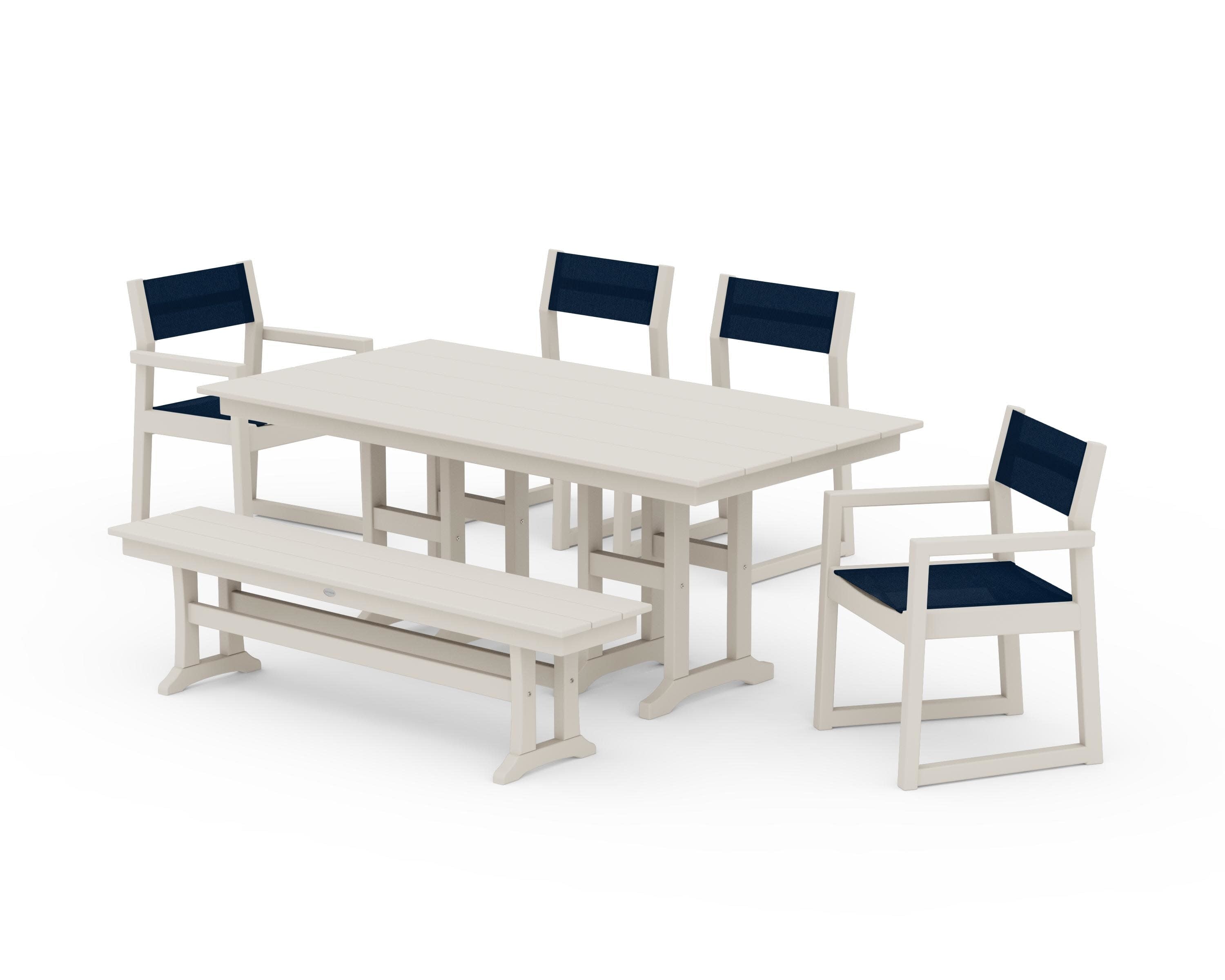 EDGE Sling 6-Piece Farmhouse Dining Set in Sand / Navy Blue Sling