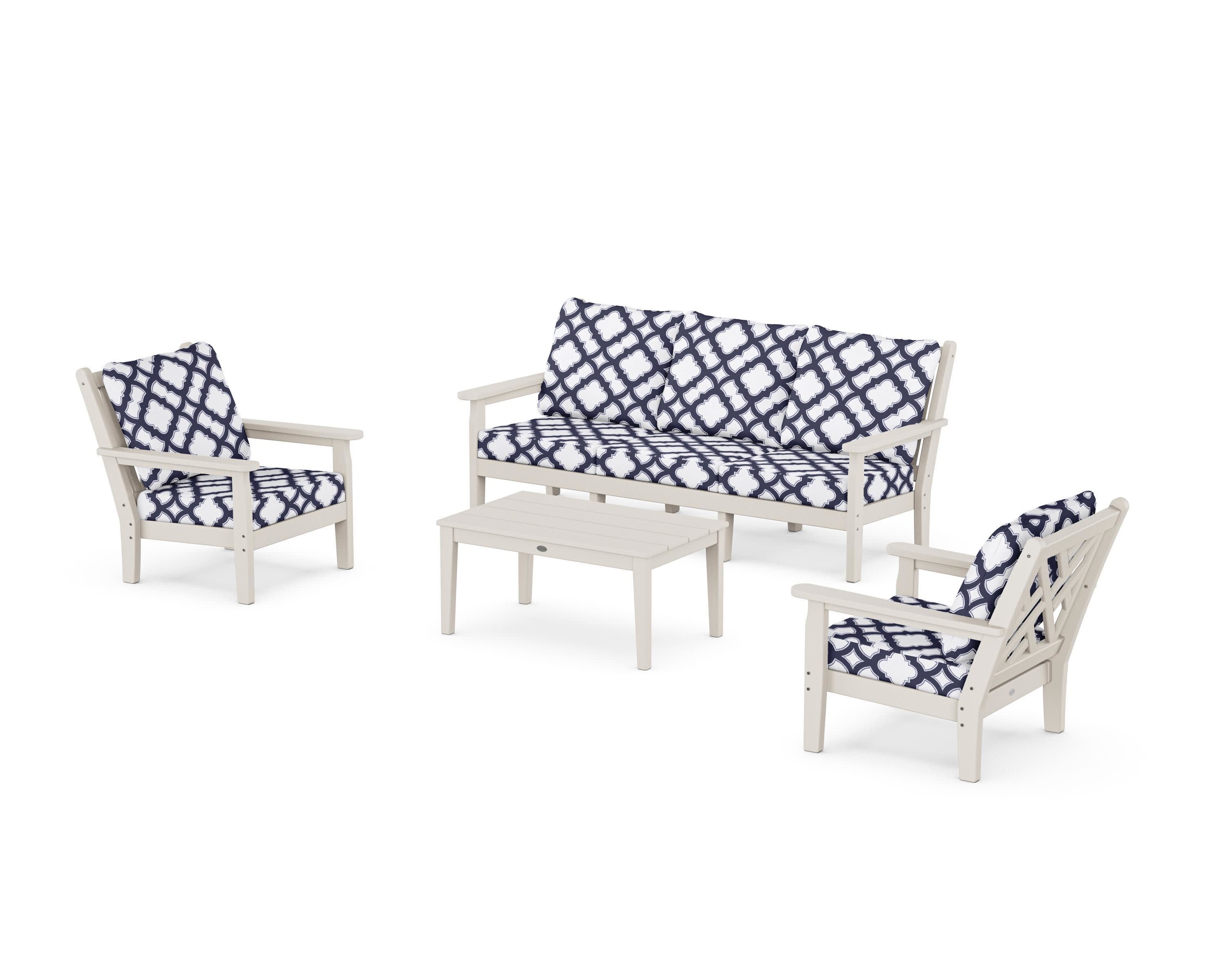 Chippendale 4-Piece Deep Seating Set with Sofa in Sand / Trellis Navy