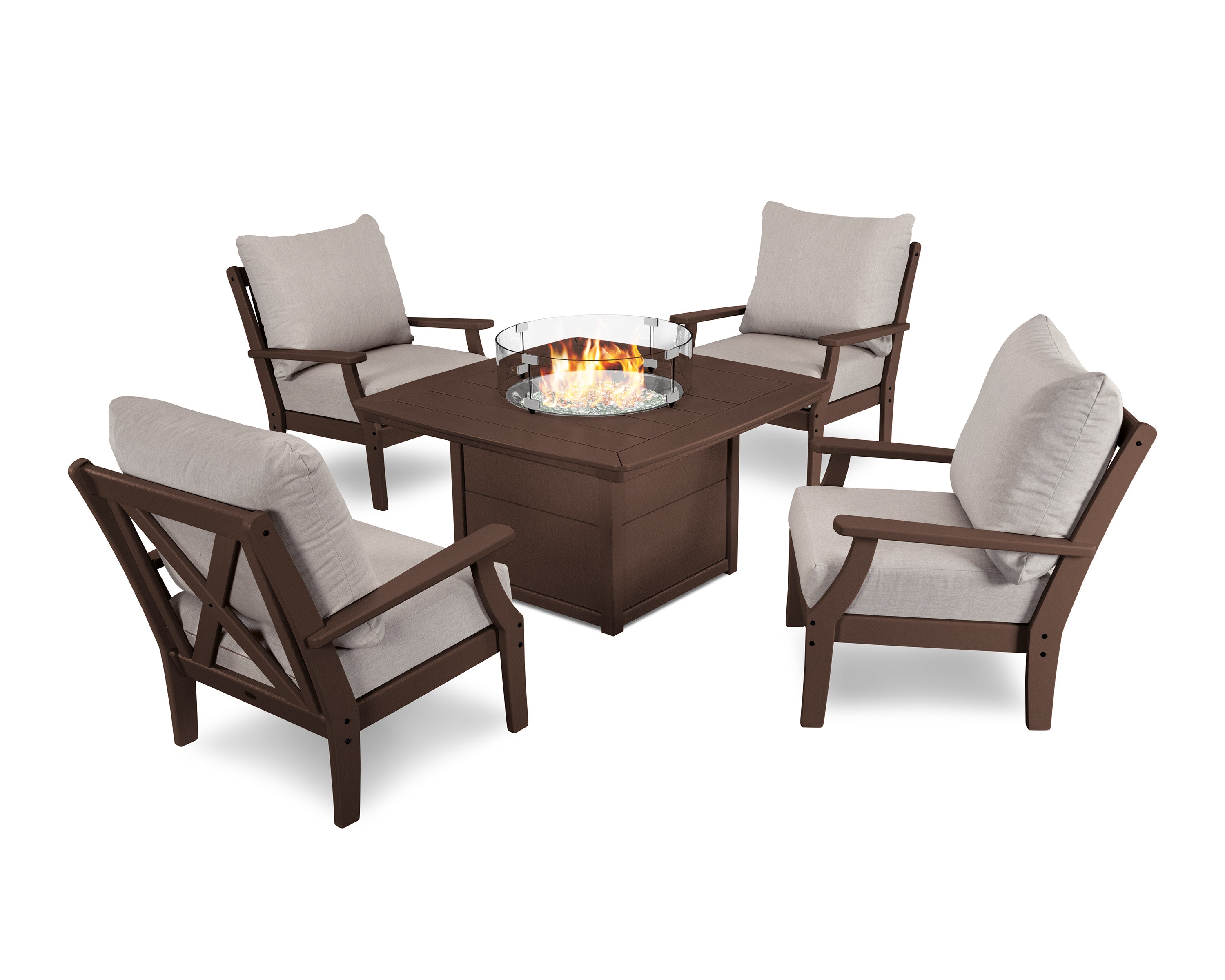Braxton 5-Piece Deep Seating Conversation Set with Fire Pit Table in Mahogany / Cast Ash